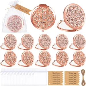 12 Sets Small Compact Mirror Round Pocket Makeup Mirror with Thank You Tags, Twine, Organza Bags Magnifying Rhinestone Cosmetic Mirror for Purse Women Girls (Classic Colors)