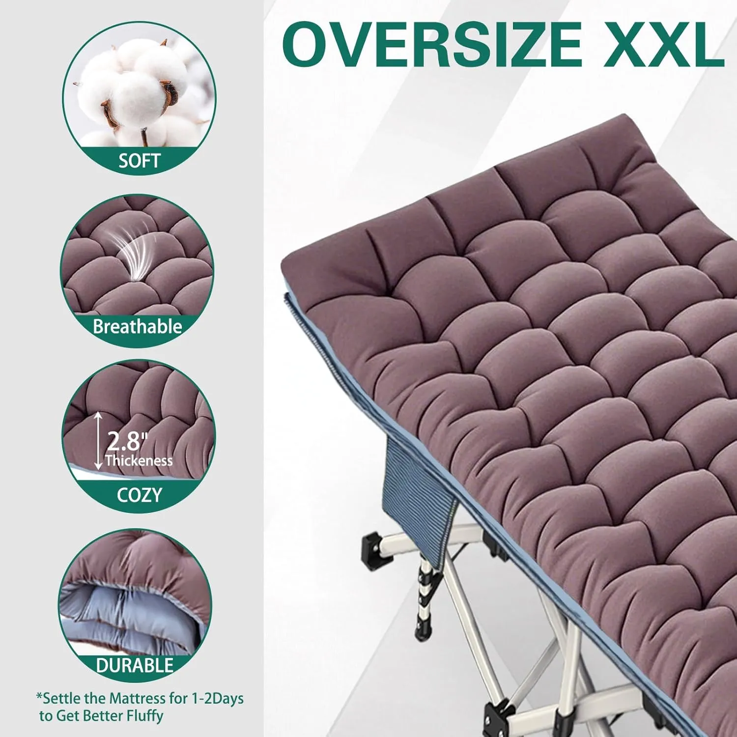 2 Pack XXL Oversize Camping Cot with Comfortable Mattress Camping Cots for Adults Extra Wide Cot Bed Folding Cot Heavy Duty with Carry Bag Easy to Install Outdoor Indoor