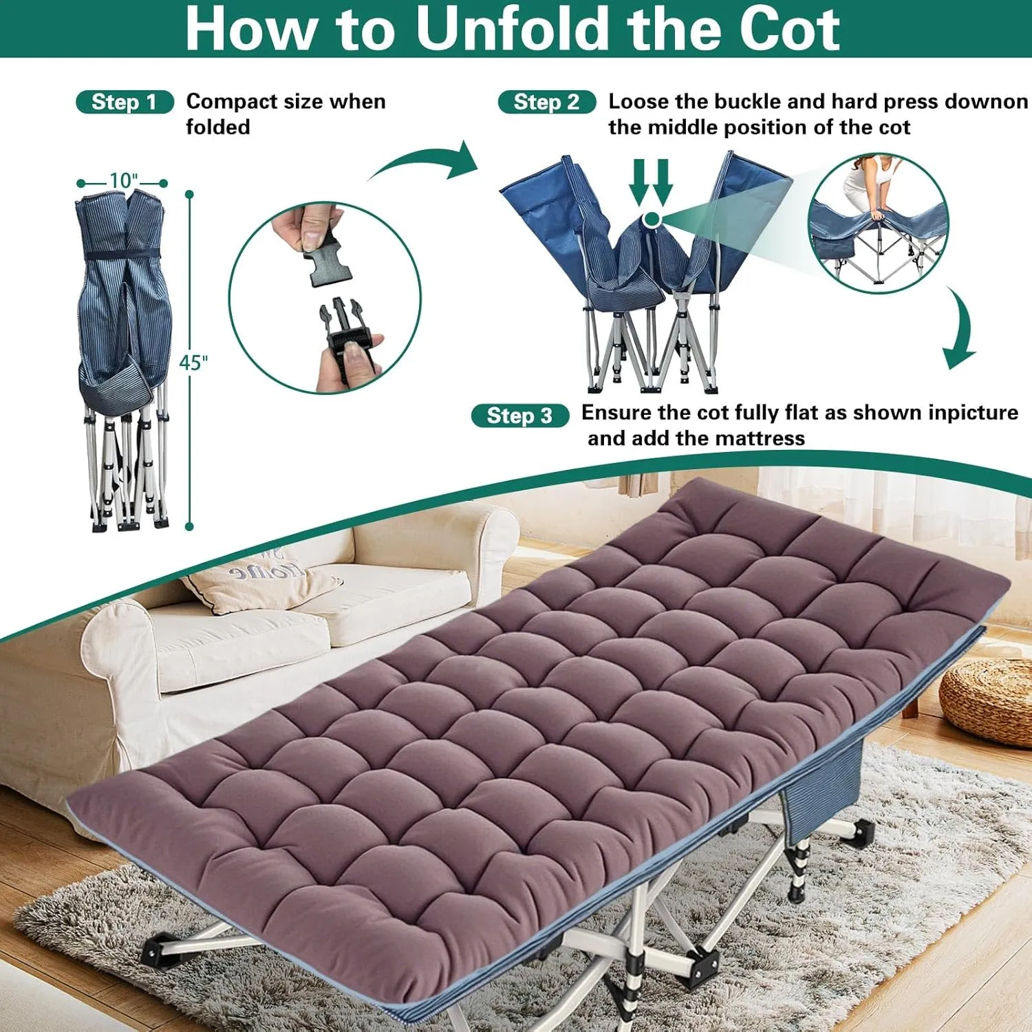 2 Pack XXL Oversize Camping Cot with Comfortable Mattress Camping Cots for Adults Extra Wide Cot Bed Folding Cot Heavy Duty with Carry Bag Easy to Install Outdoor Indoor
