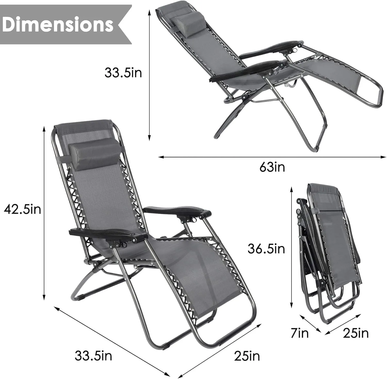 2-Pack Zero Gravity Lounge Chair with Removable Pillow for Outside,Patio Chaise Lounges Folding Zero Gravity Chairs for Outdoor Beach Pool or Indoor Office Bedroom, Grey