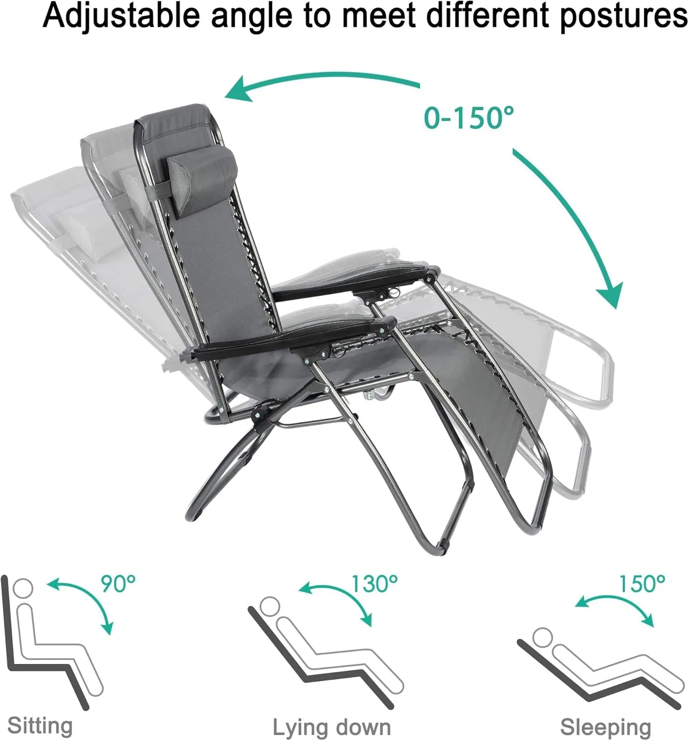 2-Pack Zero Gravity Lounge Chair with Removable Pillow for Outside,Patio Chaise Lounges Folding Zero Gravity Chairs for Outdoor Beach Pool or Indoor Office Bedroom, Grey