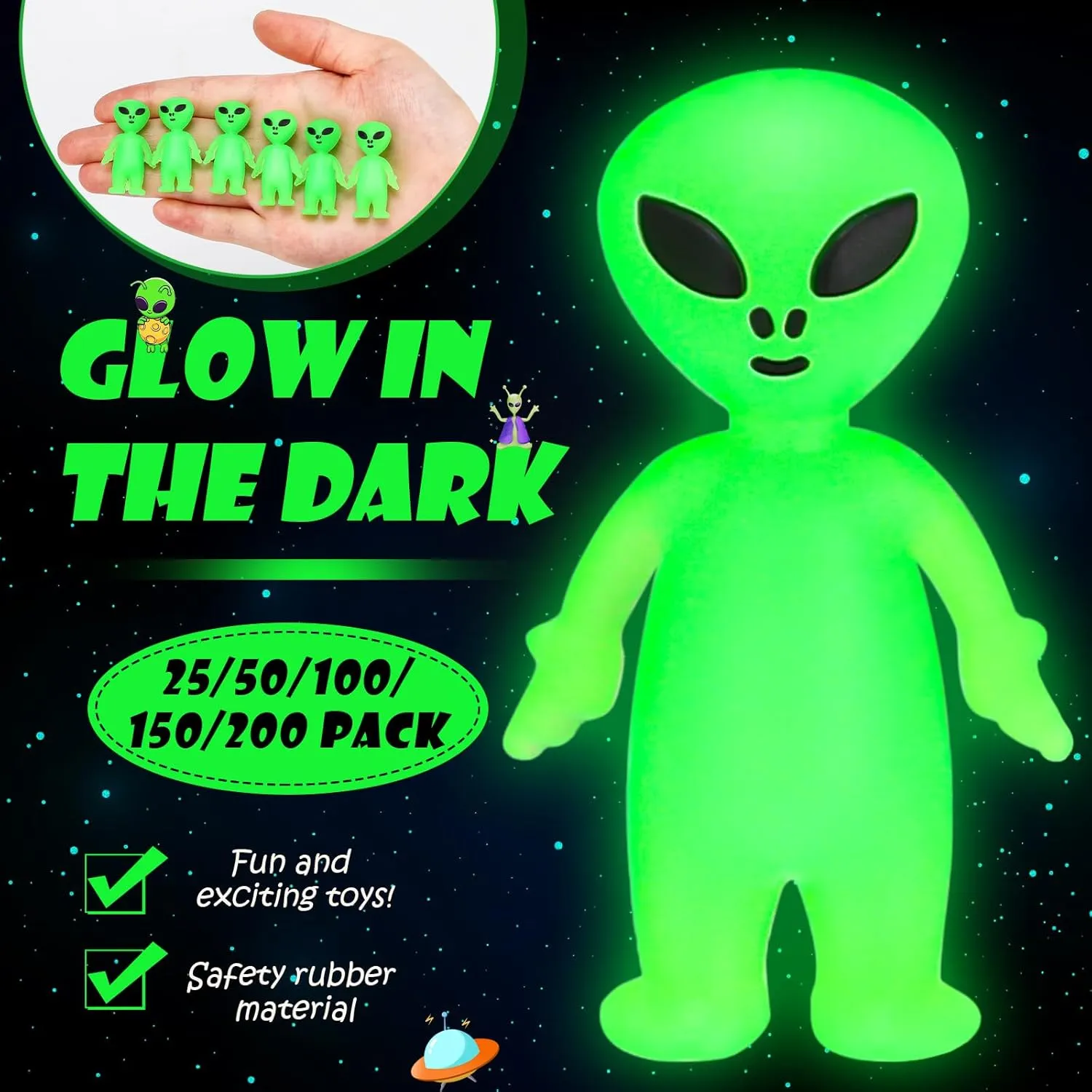 200 Pcs Mini Alien Figures Glow in The Dark Small Little Tiny Aliens Figurine for Easter Party Favors Prank Rubber Toys Bulk Gifts for Space Party Goodie Bag Fillers Piñata Stuffers