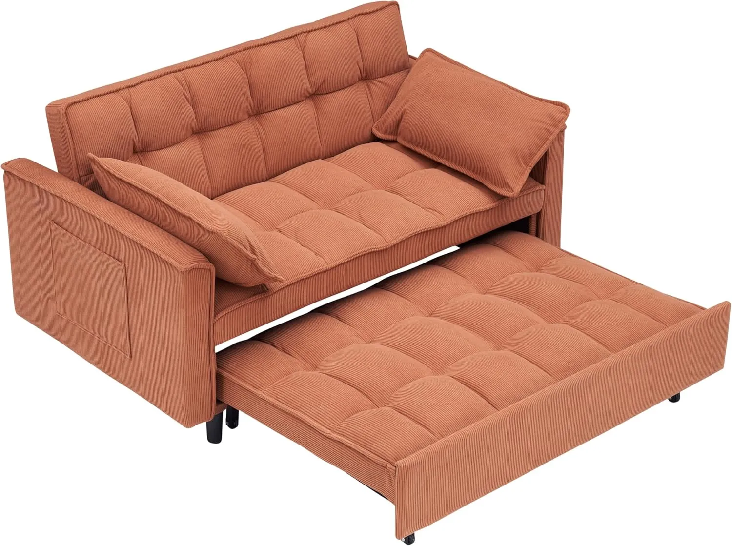 3 in 1 Convertible Sleeper Sofa Bed, Futon Couches for Living Room with Side Pocket | Adjustable Backrest| Corduroy Fabric | Pull Out Couch | Recliner Loveseat | Sectional Sofa, Orange