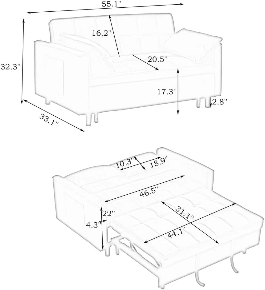 3 in 1 Convertible Sleeper Sofa Bed, Futon Couches for Living Room with Side Pocket | Adjustable Backrest| Corduroy Fabric | Pull Out Couch | Recliner Loveseat | Sectional Sofa, Orange