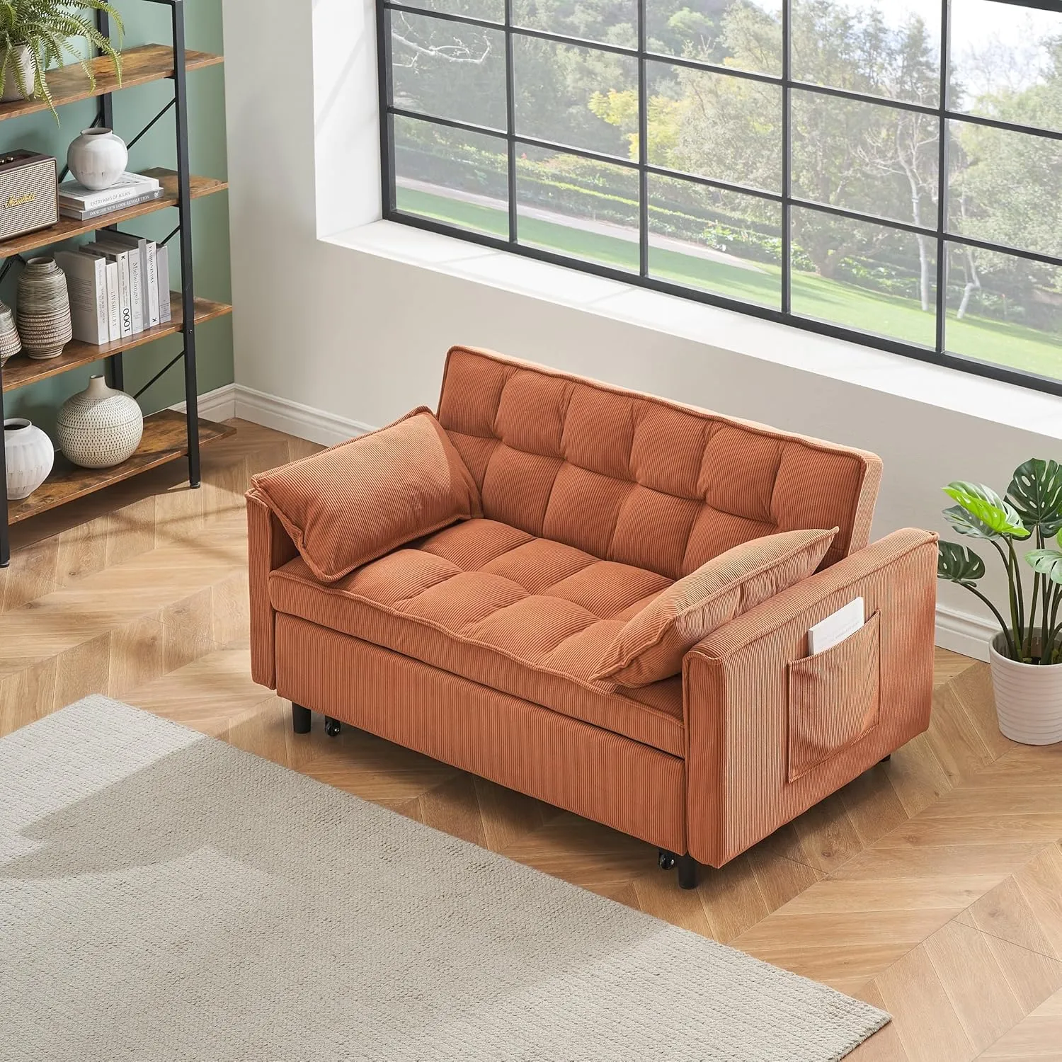 3 in 1 Convertible Sleeper Sofa Bed, Futon Couches for Living Room with Side Pocket | Adjustable Backrest| Corduroy Fabric | Pull Out Couch | Recliner Loveseat | Sectional Sofa, Orange