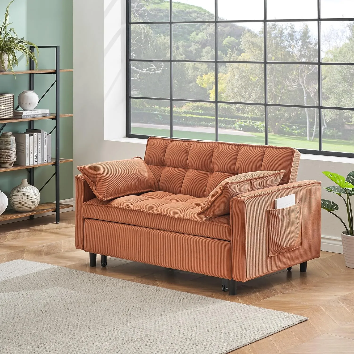 3 in 1 Convertible Sleeper Sofa Bed, Futon Couches for Living Room with Side Pocket | Adjustable Backrest| Corduroy Fabric | Pull Out Couch | Recliner Loveseat | Sectional Sofa, Orange
