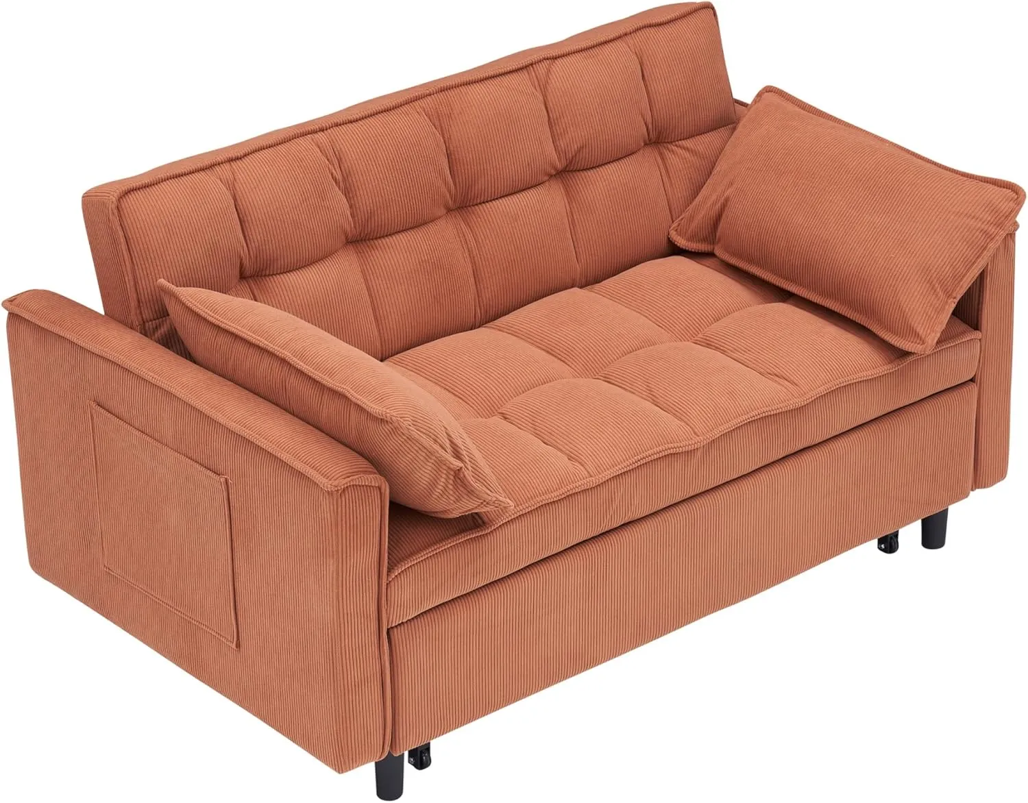 3 in 1 Convertible Sleeper Sofa Bed, Futon Couches for Living Room with Side Pocket | Adjustable Backrest| Corduroy Fabric | Pull Out Couch | Recliner Loveseat | Sectional Sofa, Orange