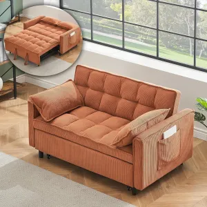 3 in 1 Convertible Sleeper Sofa Bed, Futon Couches for Living Room with Side Pocket | Adjustable Backrest| Corduroy Fabric | Pull Out Couch | Recliner Loveseat | Sectional Sofa, Orange