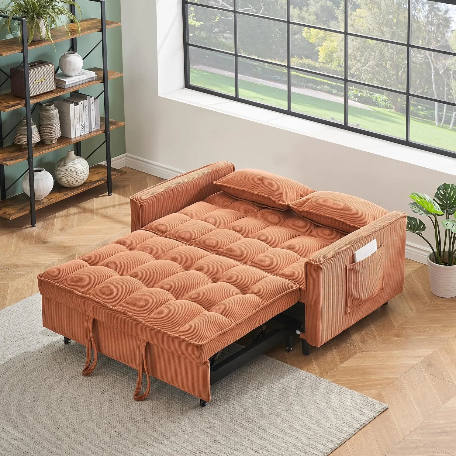 3 in 1 Convertible Sleeper Sofa Bed, Futon Couches for Living Room with Side Pocket | Adjustable Backrest| Corduroy Fabric | Pull Out Couch | Recliner Loveseat | Sectional Sofa, Orange