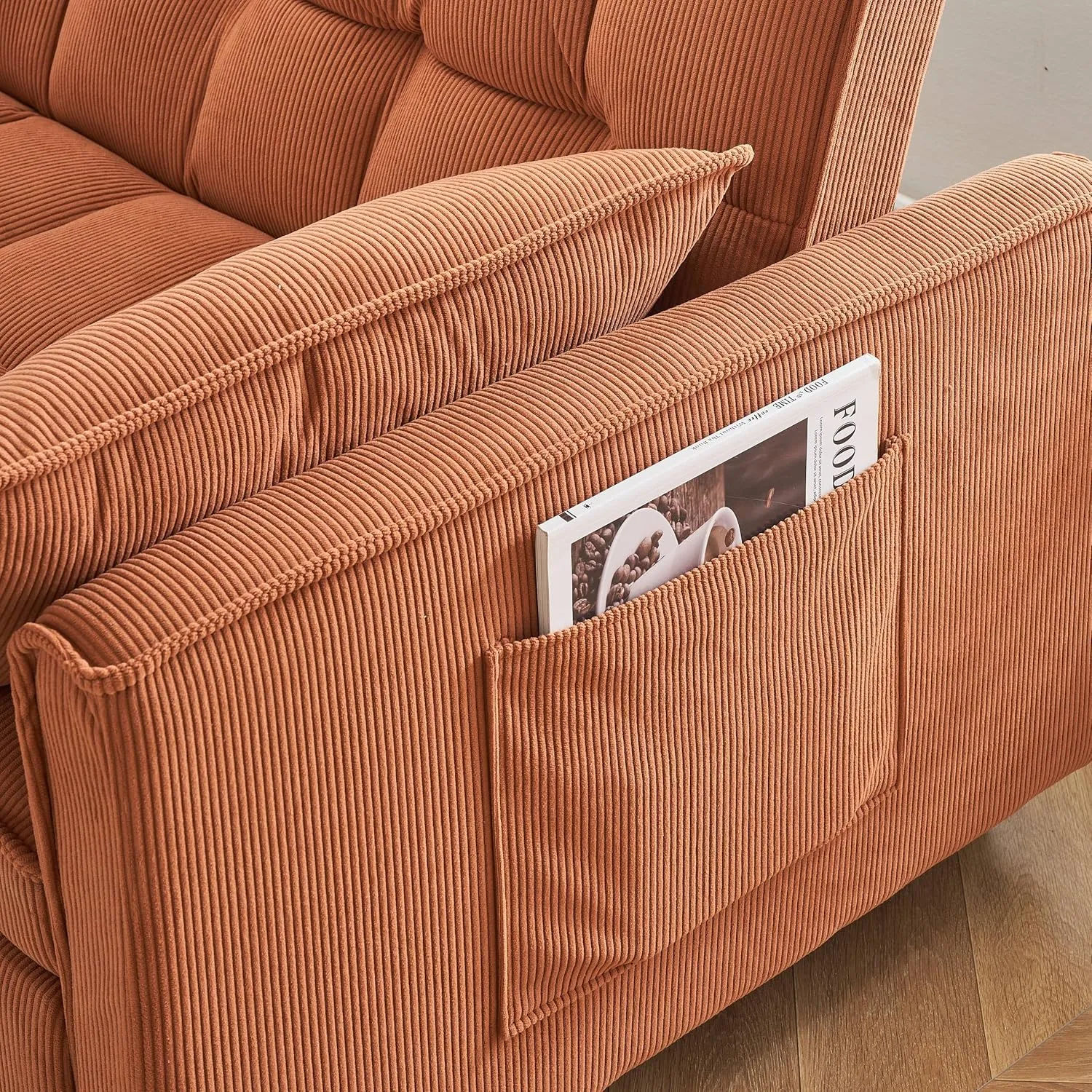 3 in 1 Convertible Sleeper Sofa Bed, Futon Couches for Living Room with Side Pocket | Adjustable Backrest| Corduroy Fabric | Pull Out Couch | Recliner Loveseat | Sectional Sofa, Orange
