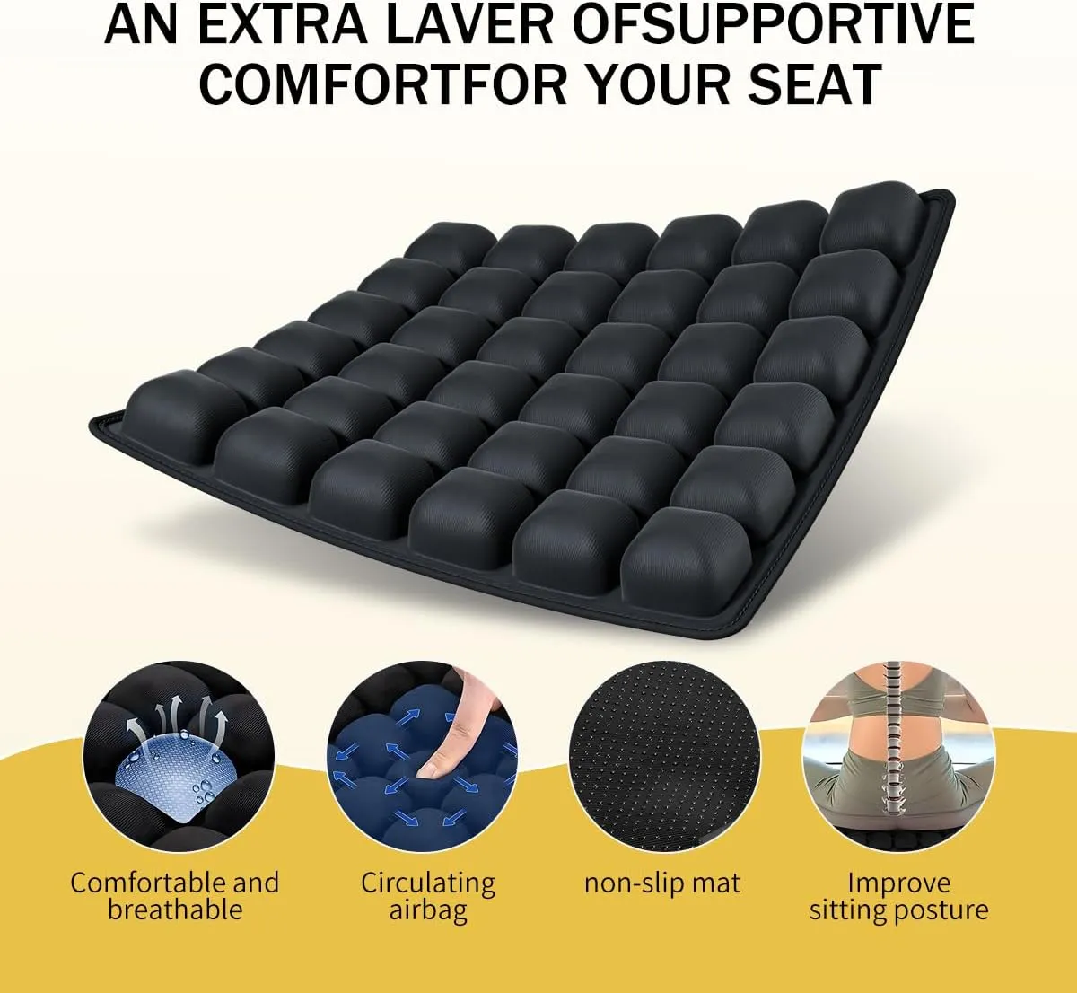 3D Air Cell Inflatable Airplane Seat Cushion, Travel Seat Cushions for Long Flights with Built-in Air Pump, High-Resilience Travel Cushion Airplane seat for Back and Tailbone Pain Relief (Black, 18in)