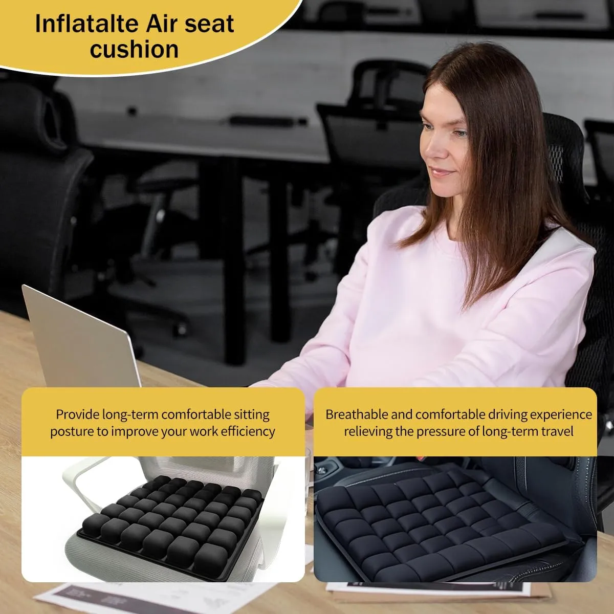 3D Air Cell Inflatable Airplane Seat Cushion, Travel Seat Cushions for Long Flights with Built-in Air Pump, High-Resilience Travel Cushion Airplane seat for Back and Tailbone Pain Relief (Black, 18in)