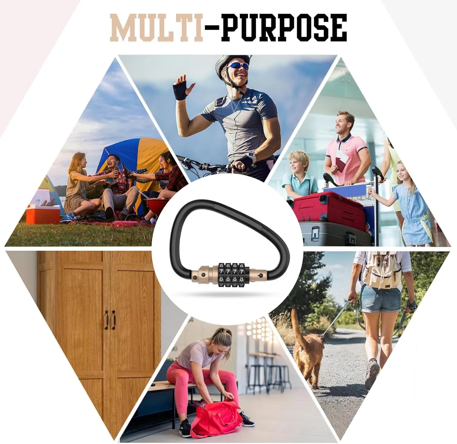 4-Digit Combination Locks, Heavy Duty D-Shaped Carabiner Clips, Keyless Security Combo Lock for Bike, Helmet, Suitcase Luggage, Ski Equipment, Travel Baggage Backpack (2, Gold)