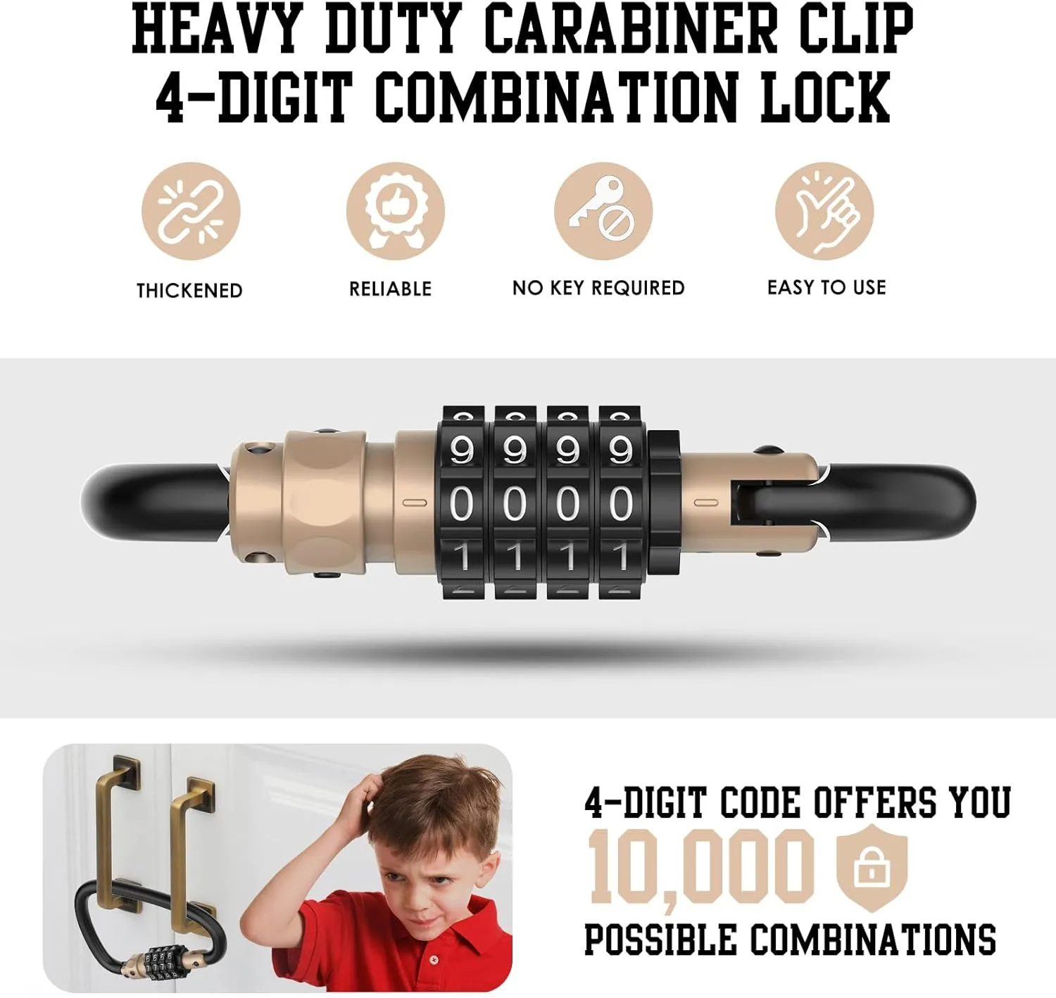 4-Digit Combination Locks, Heavy Duty D-Shaped Carabiner Clips, Keyless Security Combo Lock for Bike, Helmet, Suitcase Luggage, Ski Equipment, Travel Baggage Backpack (2, Gold)