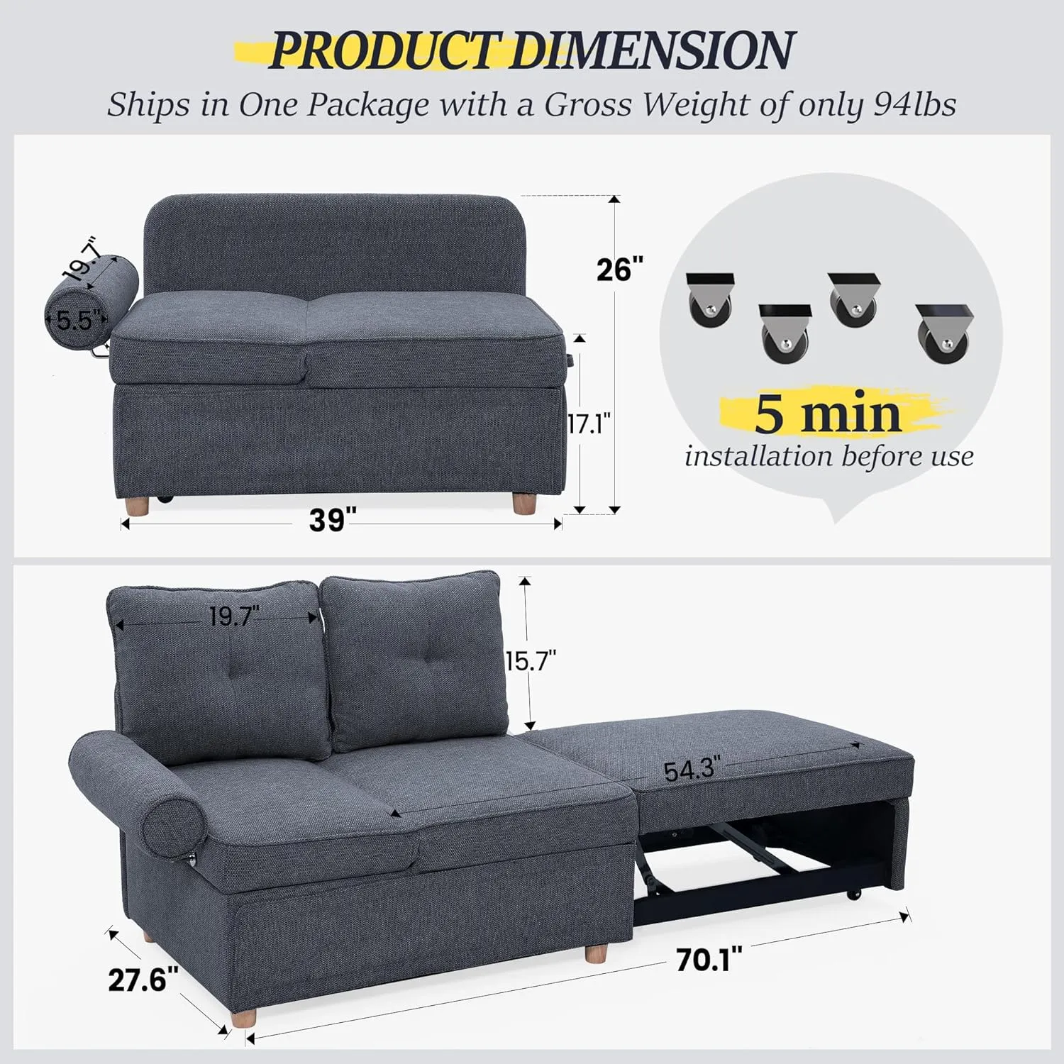 4-in-1 Sleeper Sofa Bed, Headrest Upgrade Convertible Linen Loveseat with 2 Throw Pillows, Single Recliner, 5 Adjustable Backrest Angles Couch for Bedroom