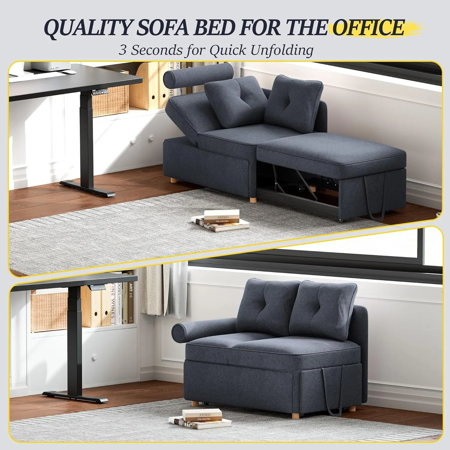 4-in-1 Sleeper Sofa Bed, Headrest Upgrade Convertible Linen Loveseat with 2 Throw Pillows, Single Recliner, 5 Adjustable Backrest Angles Couch for Bedroom