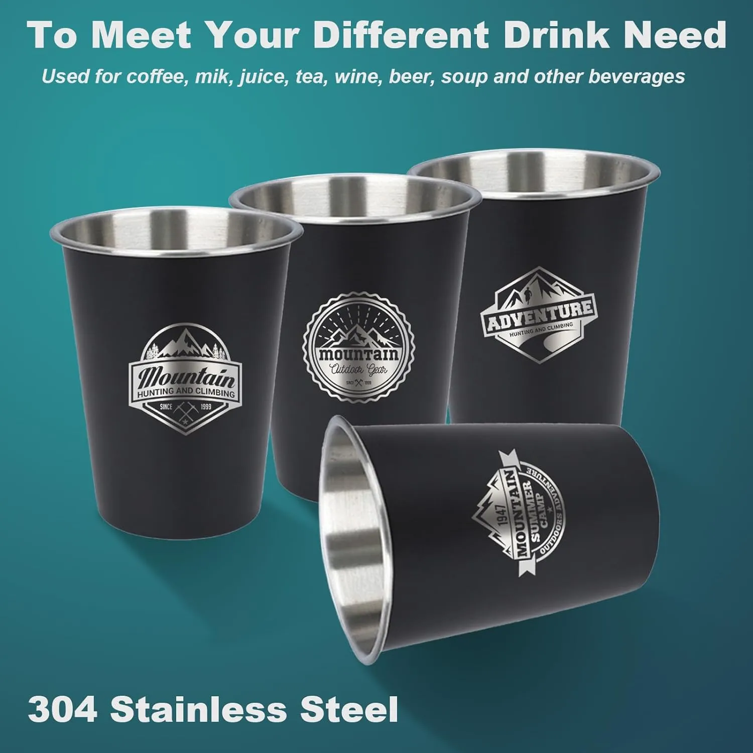 4pcs Camping Cup - Mountain Theme 12oz Stainless Steel Camping Mug for Outdoor Picnic Hiking Fishing Tumbler