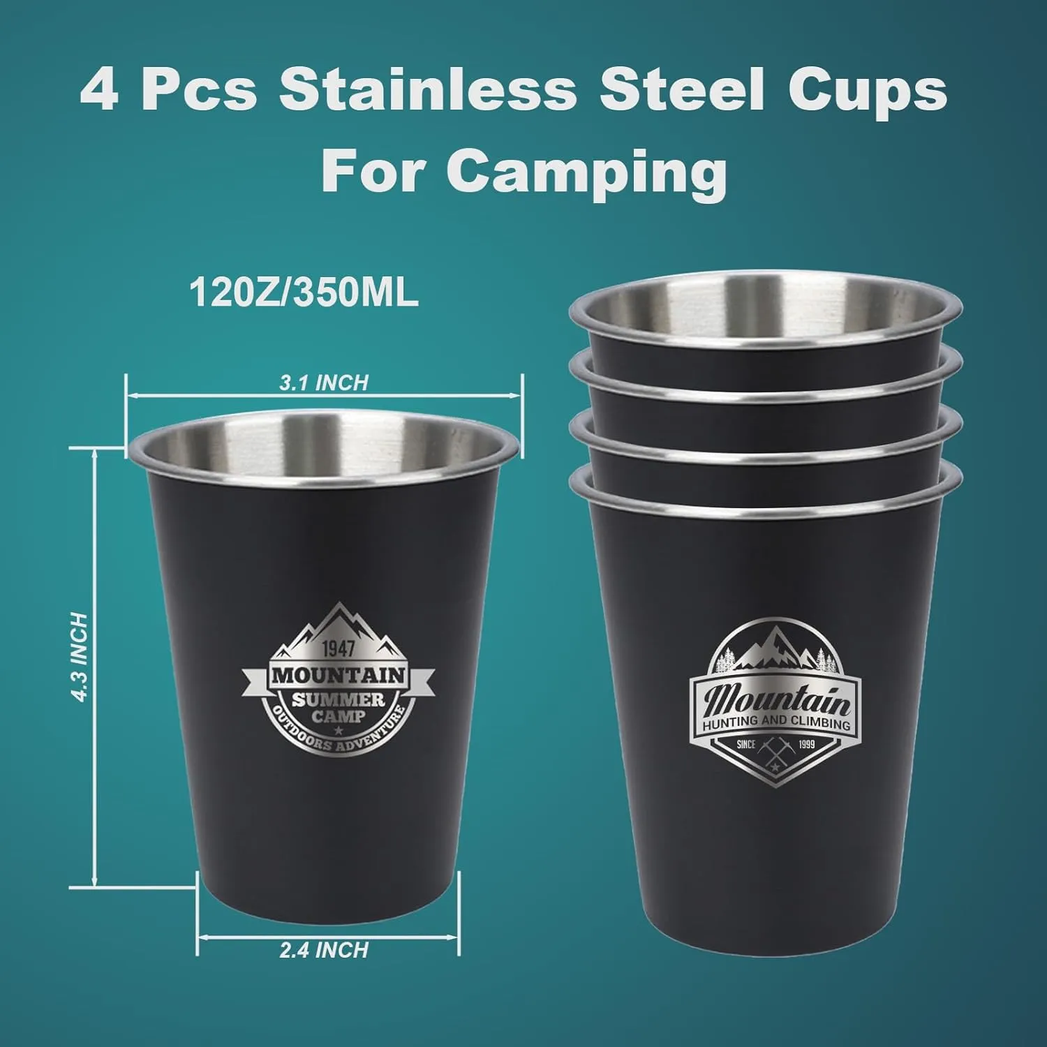4pcs Camping Cup - Mountain Theme 12oz Stainless Steel Camping Mug for Outdoor Picnic Hiking Fishing Tumbler