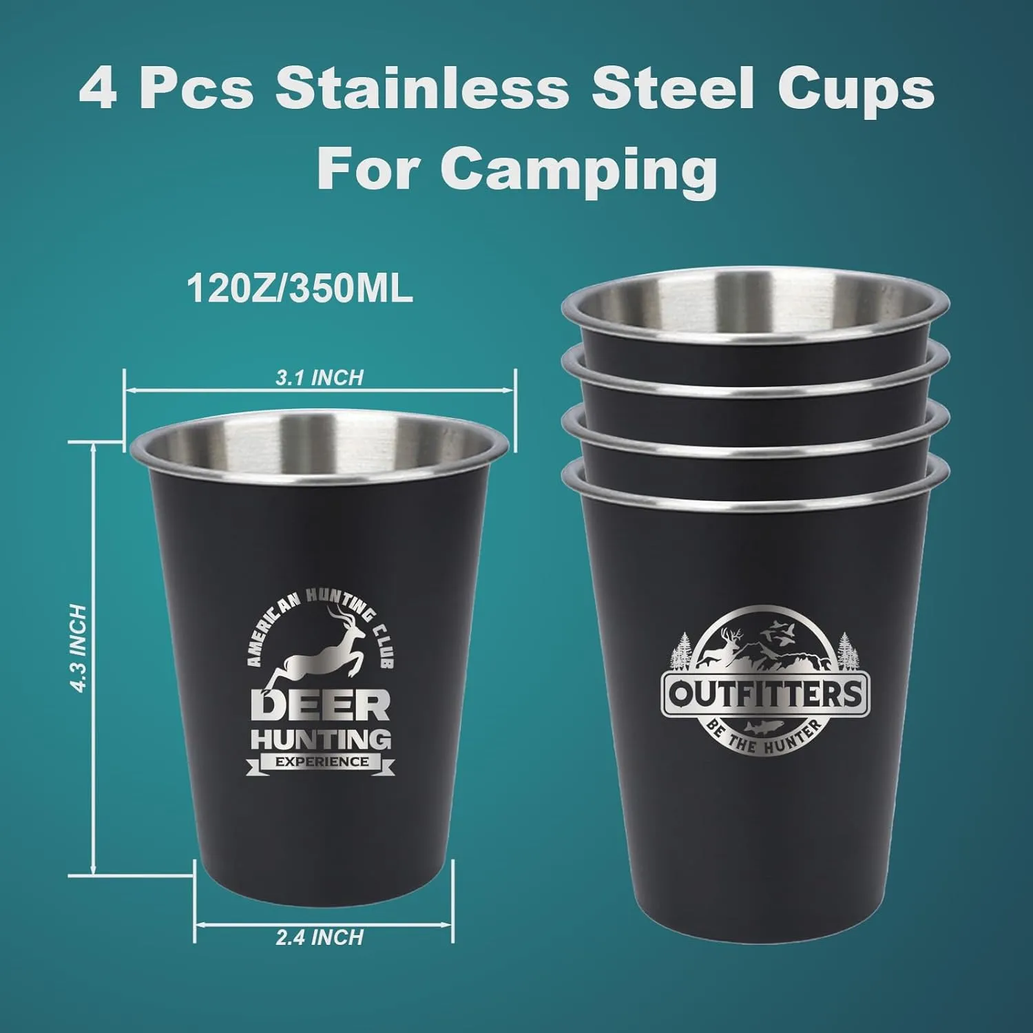 4pcs Camping Cup - Outfitters Theme 12oz Stainless Steel Camping Mug for Outdoor Picnic Hiking Fishing Tumbler