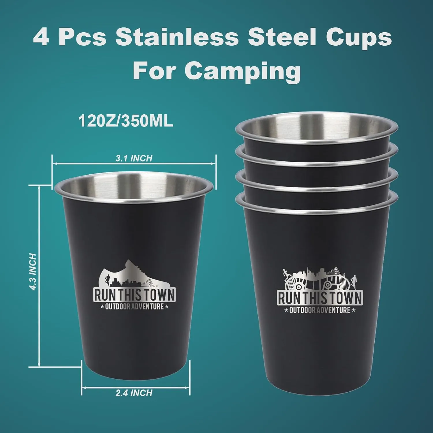 4pcs Camping Cup - Running This Town Theme 12oz Stainless Steel Camping Mug for Outdoor Picnic Hiking Fishing Tumbler