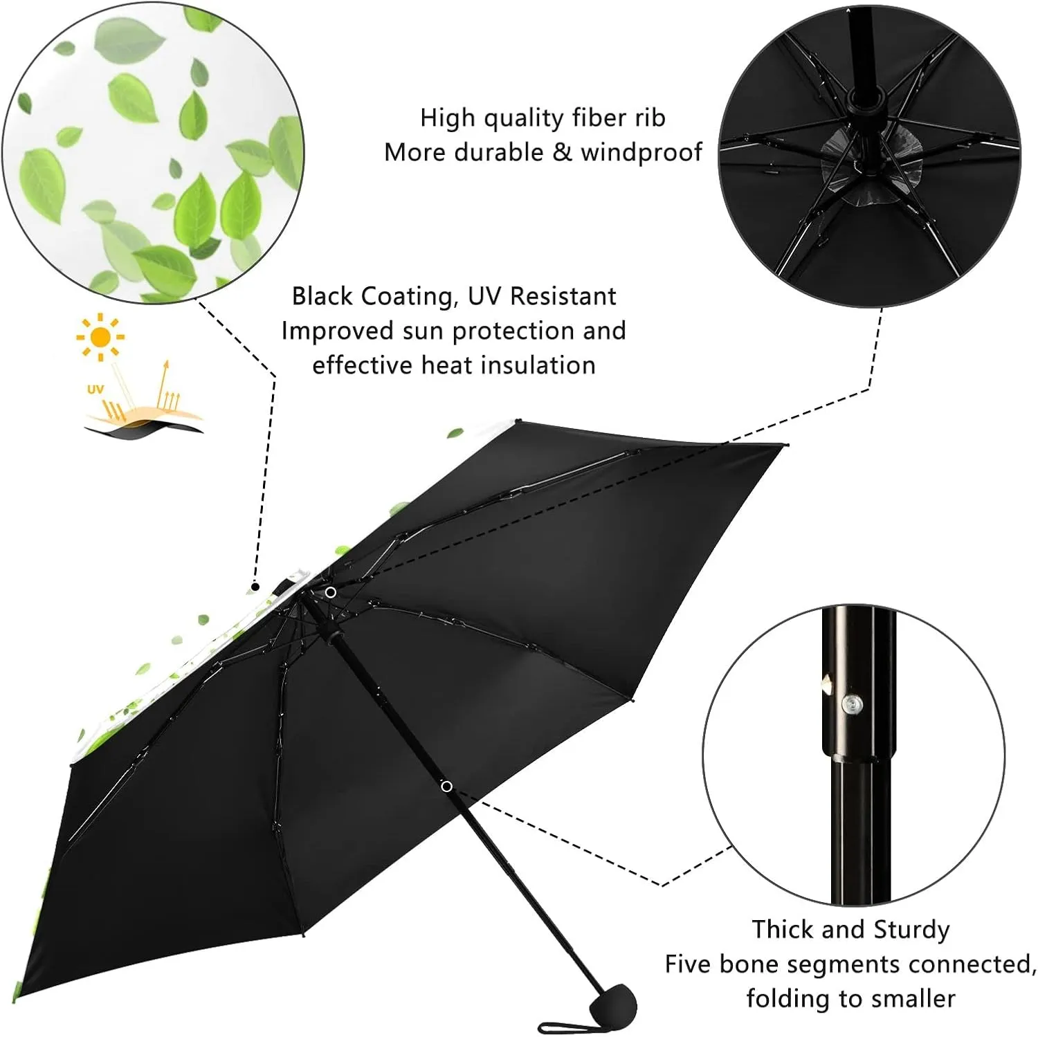 5 Folding Compact Pocket Windproof Umbrella, 6 Ribs Ultra-Light Foldable Vinyl Parasol, Mini Anti-UV Travel Umbrella