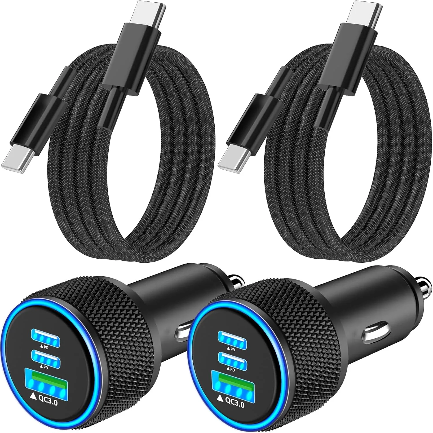 67W USB C Car Charger, 2Pack 3-Port Super Fast Type C Car Charger Dual USB-C & USB-A with 3FT Woven Type-C to C Cable Fast Charging for iPhone 16/16 Pro/16 Pro Max/15/15 Plus/15 Pro Max, iPad, AirPods