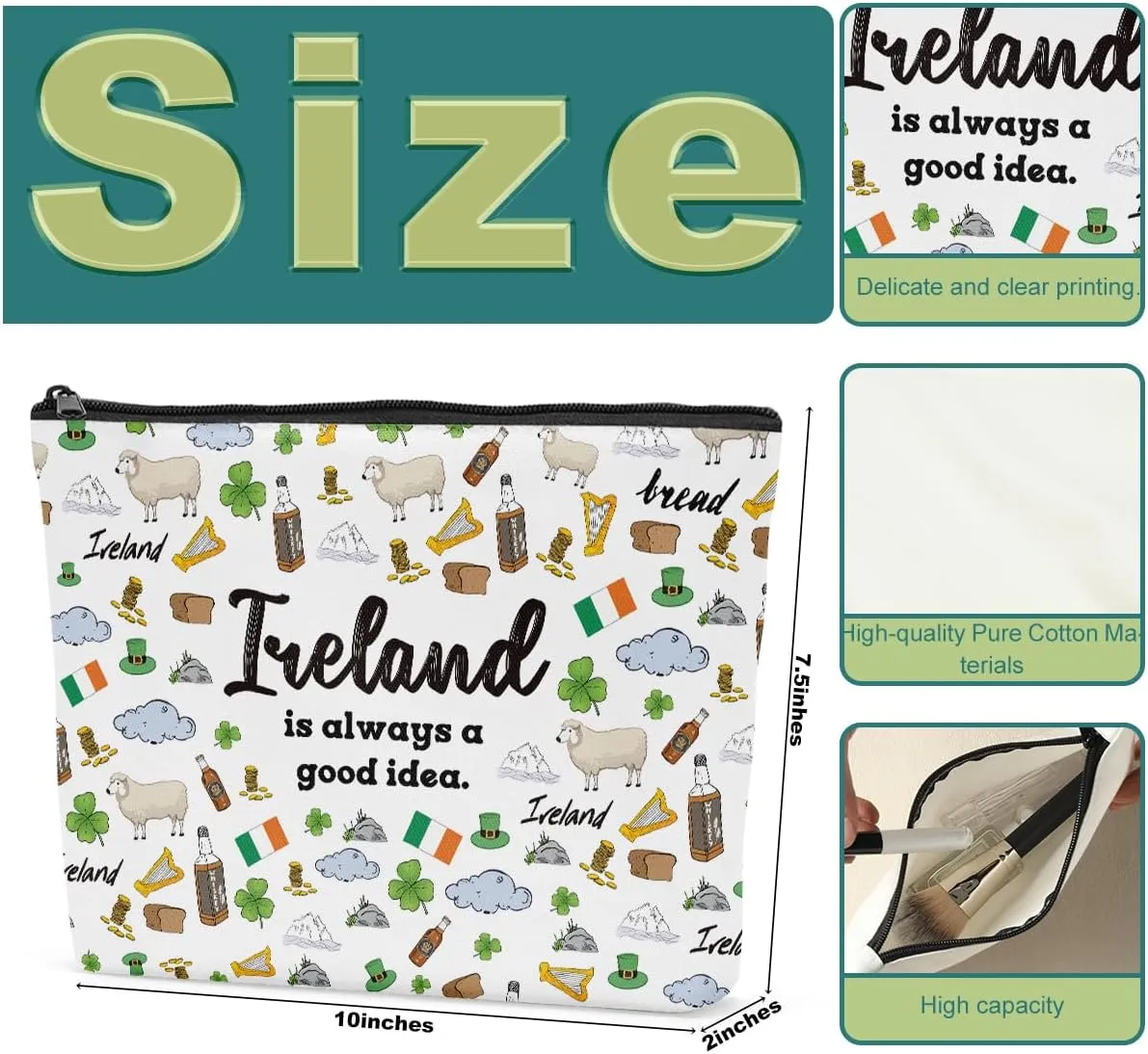 6PCS Ireland Makeup Bag Ireland Trip Gift Ireland Lover Gift Ireland Merch Ireland Zipper Pouch Makeup Bag Inspired Gift Travel Toiletry Bag Cosmetics Bag for Women