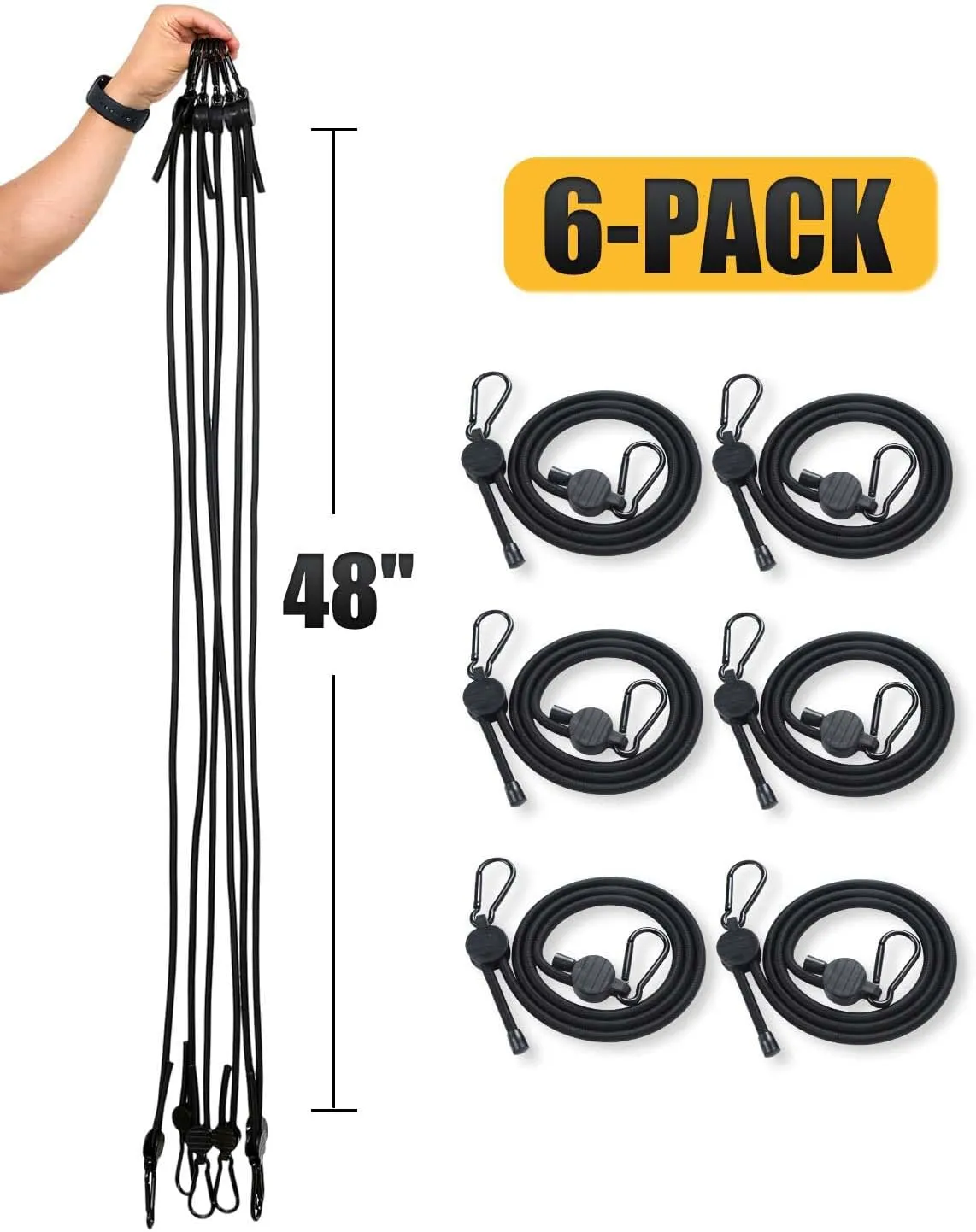 Adjustable Bungee Cords with Hooks, 6 Pack Thick Elastic Straps, Easy to Lengthen and Resecure (7"-48")– Strong, Stretchy Tie Downs with Secure Hooks for Cargo, Camping, Tents, Luggage – All-Weather