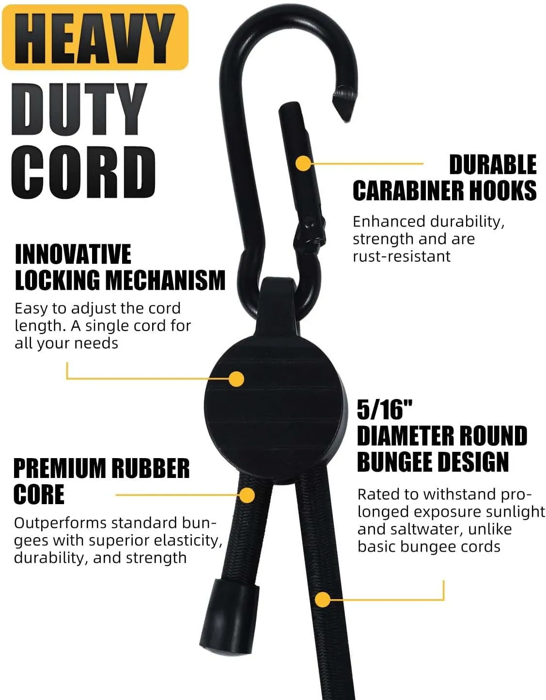 Adjustable Bungee Cords with Hooks, 6 Pack Thick Elastic Straps, Easy to Lengthen and Resecure (7"-48")– Strong, Stretchy Tie Downs with Secure Hooks for Cargo, Camping, Tents, Luggage – All-Weather