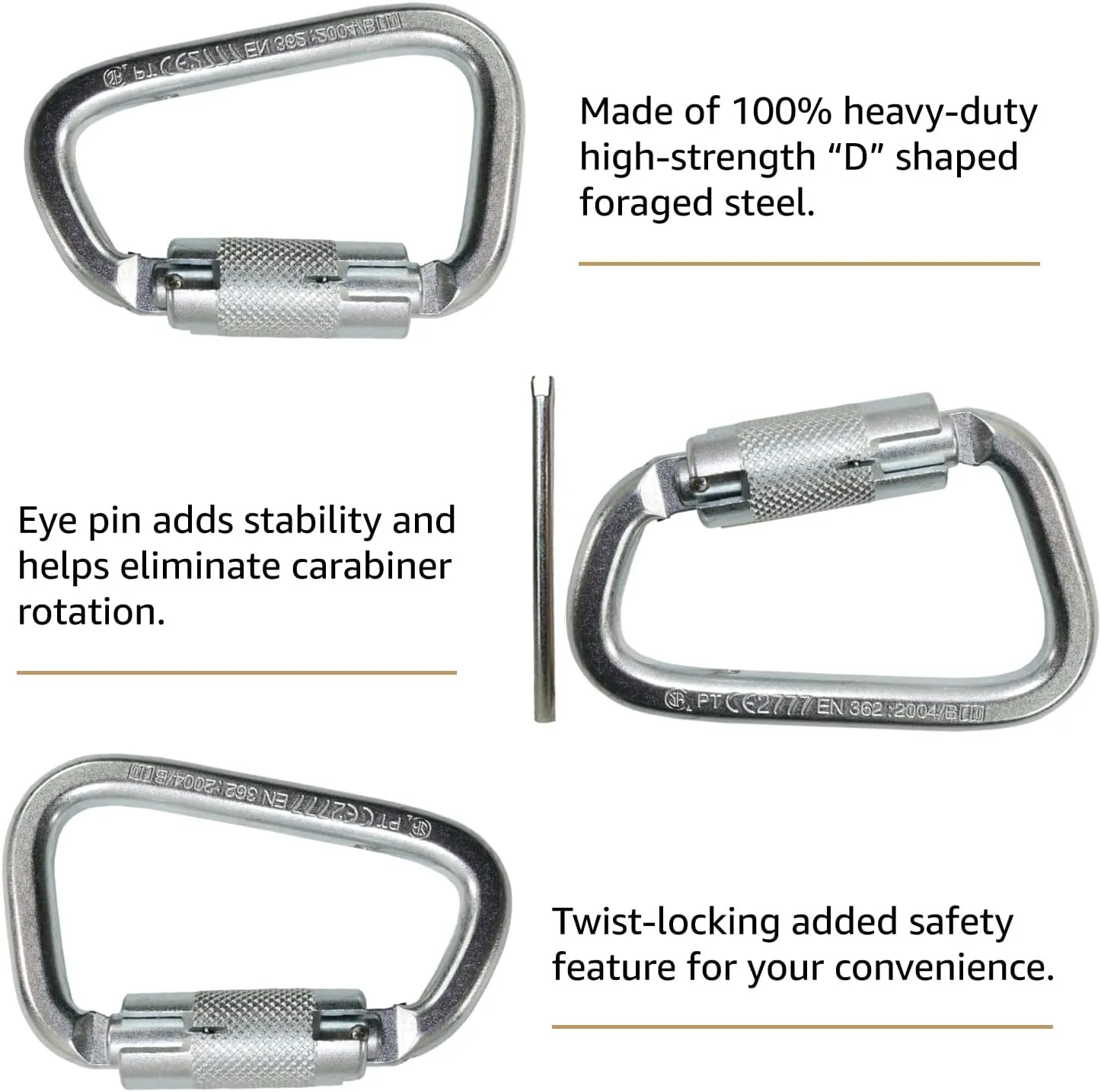 AFP Steel Twist-Locking D-Steel High-Strength Carabiner w/Pin | Safety Fall Protection | High-Strength Heavy-Duty | ANSI & OSHA Rated