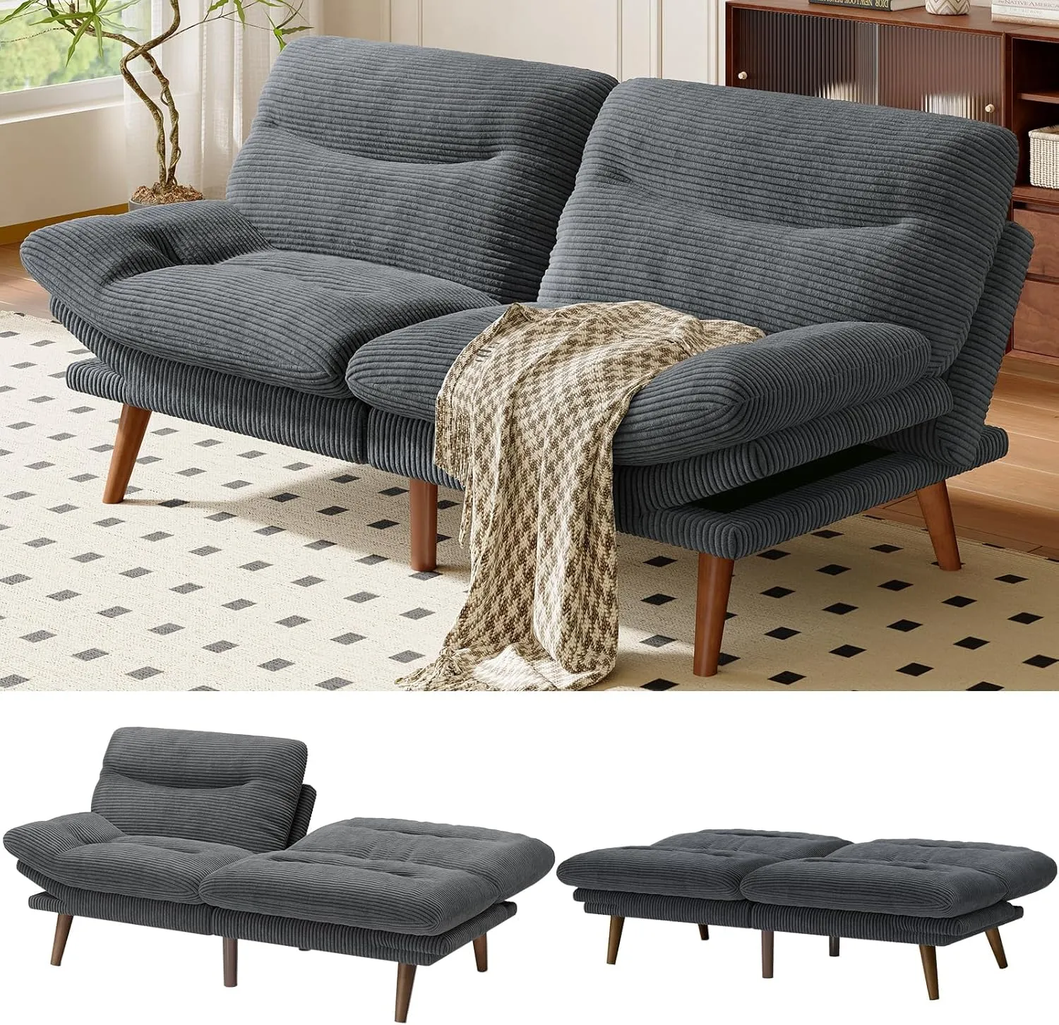 AMADA HOMEFURNISHING Convertible Futon Sofa Bed,66″ Grey Futon with Adjustable Backrest & Armrests,Folding Sleeper Recliner for Small Spaces, Play Room Or Office, Corduroy Small Couch