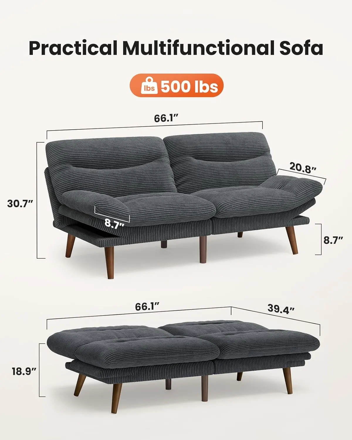 AMADA HOMEFURNISHING Convertible Futon Sofa Bed,66″ Grey Futon with Adjustable Backrest & Armrests,Folding Sleeper Recliner for Small Spaces, Play Room Or Office, Corduroy Small Couch