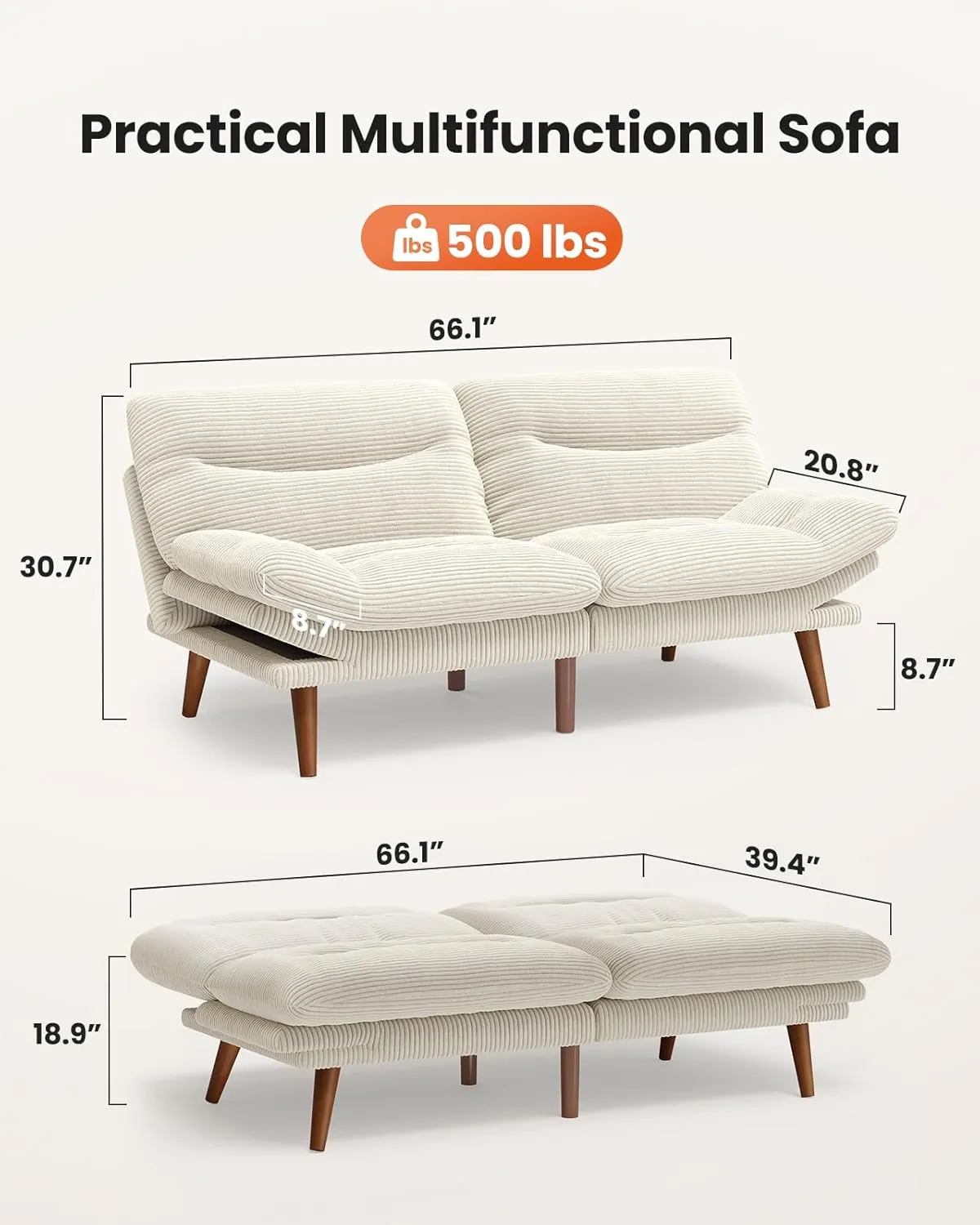 AMADA HOMEFURNISHING Convertible Futon Sofa Bed,66″ White Futon with Adjustable Backrest & Armrests,Folding Sleeper Recliner for Small Spaces, Play Room Or Office, Corduroy Small Couch
