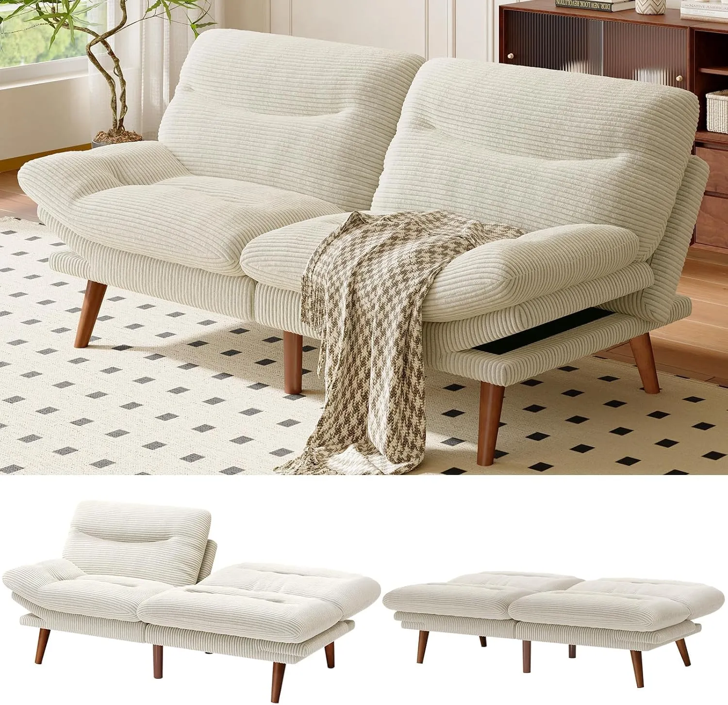 AMADA HOMEFURNISHING Convertible Futon Sofa Bed,66″ White Futon with Adjustable Backrest & Armrests,Folding Sleeper Recliner for Small Spaces, Play Room Or Office, Corduroy Small Couch