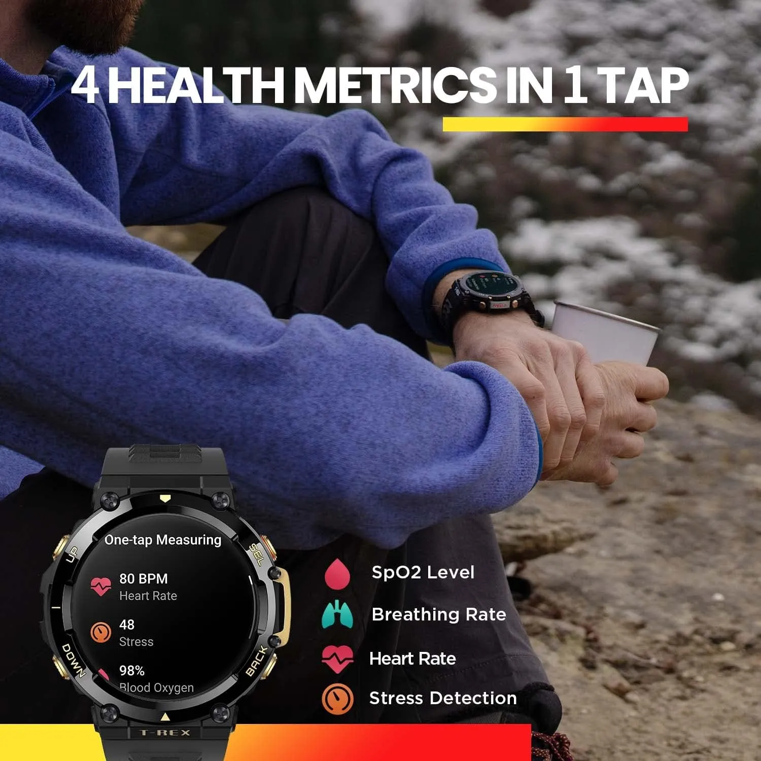 Amazfit T-Rex 2 Smart Watch for Men, Dual-Band & 6 Satellite Positioning, 24-Day Battery Life, Ultra-Low Temperature Operation, Rugged Outdoor GPS Military Watch, Black(Renewed)