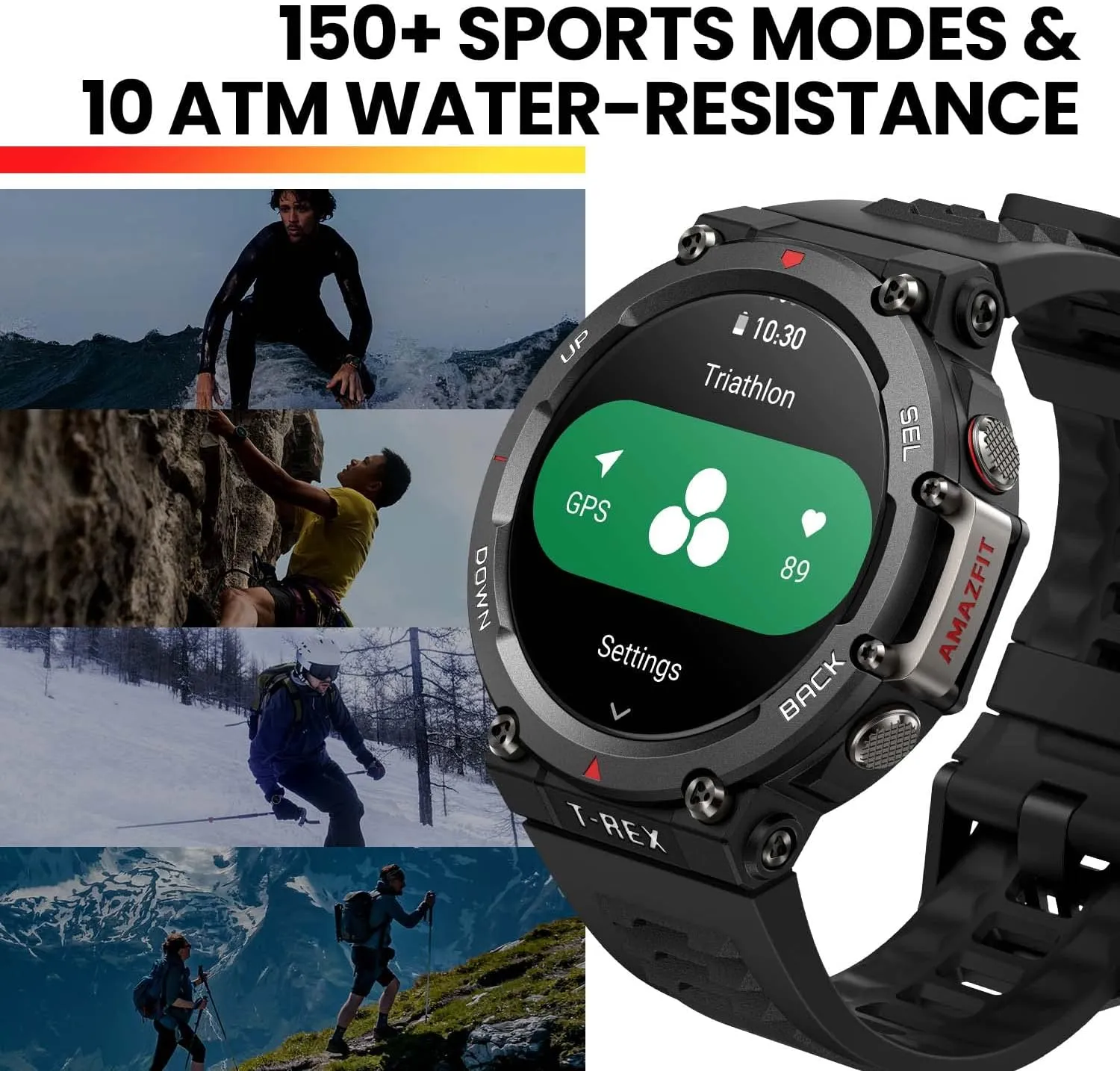 Amazfit T-Rex 2 Smart Watch for Men, Dual-Band & 6 Satellite Positioning, 24-Day Battery Life, Ultra-Low Temperature Operation, Rugged Outdoor GPS Military Watch, Black(Renewed)