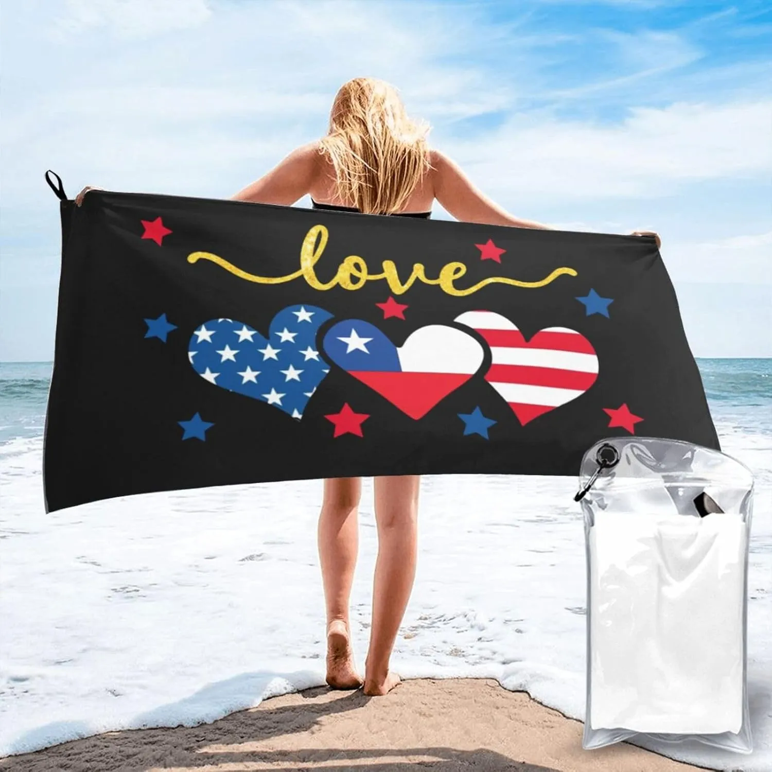 America Chile Heart Flag Beach Towels for Men Women 31 x 63 inch Bath Towel with Travel Bag Quick Dry Sport Swim Towels for Gift