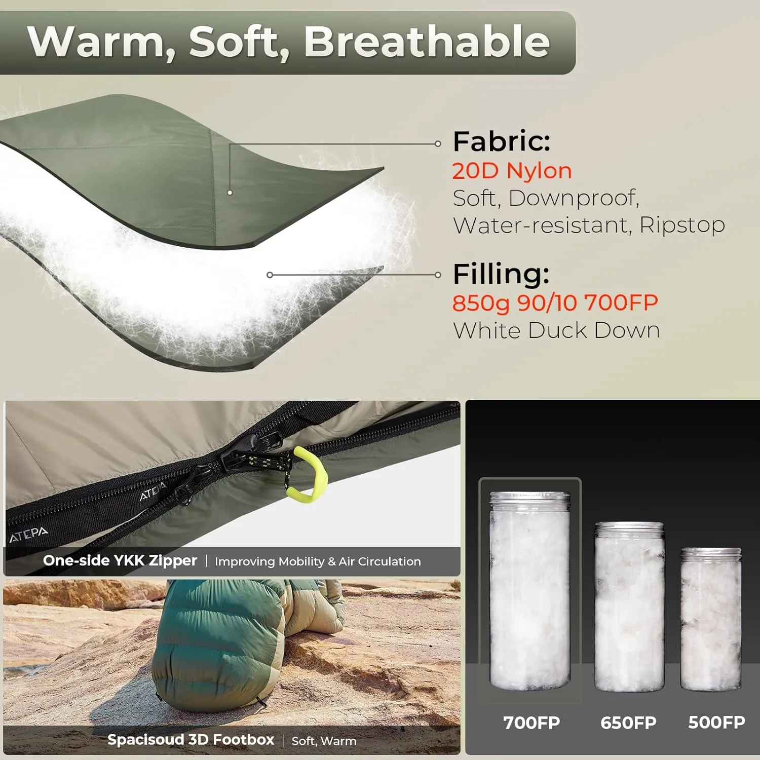 ATEPA Down Sleeping Bag for Adults, 700FP 0 Degree Mummy Cold Weather Lightweight Wide Sleeping Bag with Compression Sack for Camping, Outdoor