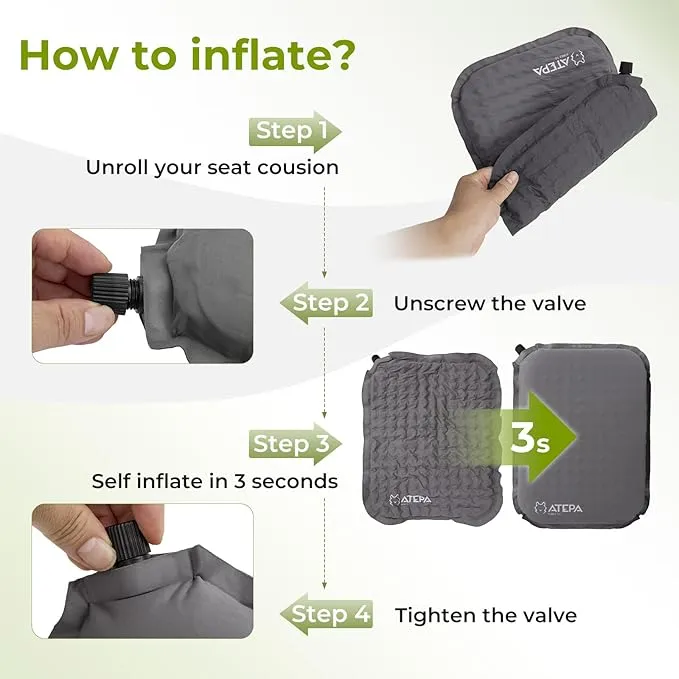 ATEPA Inflatable Seat Cushion Lightweight Self-Inflatable Memory Foam Seat Cushion for Stadium Airplane Trevel, Waterproof Portable Seat Cushion Best for Backpacking Camping Chair Pad, Grey