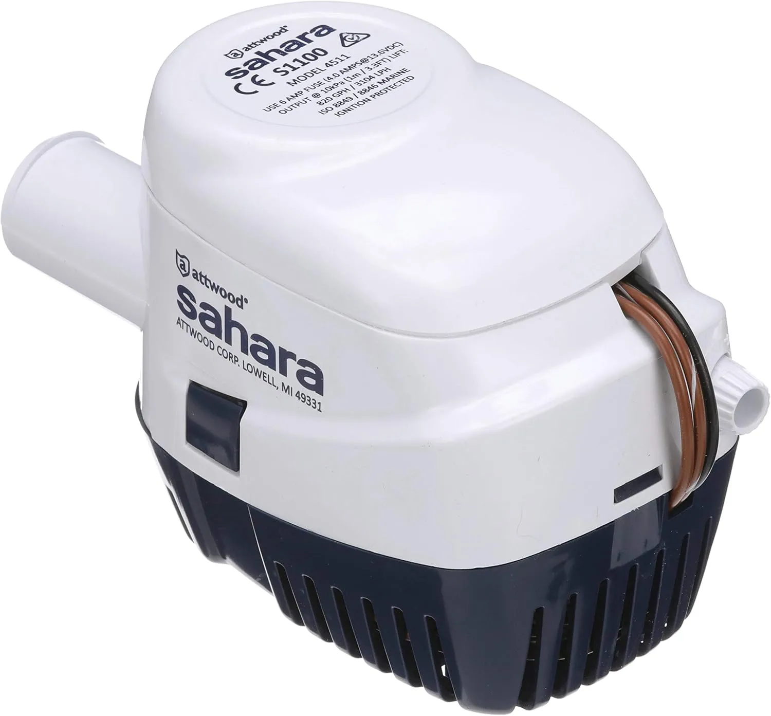 Attwood 4511-7 Sahara S1100 Automatic Bilge Pump, 1100 GPH, 12-Volt, 1.5-Amp Draw, ¾-Inch Interior Diameter Hose, 29-Inch Wire