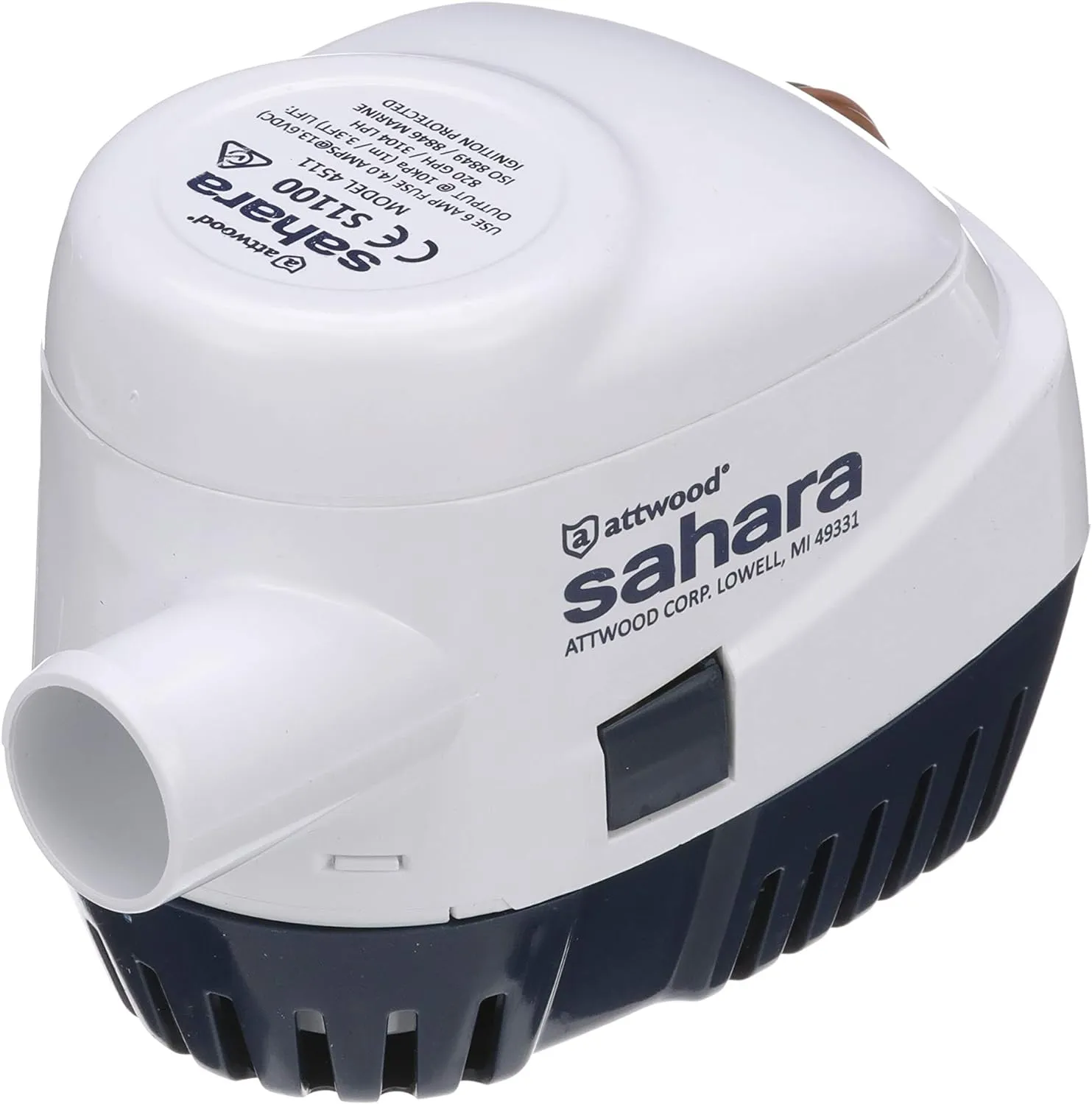 Attwood 4511-7 Sahara S1100 Automatic Bilge Pump, 1100 GPH, 12-Volt, 1.5-Amp Draw, ¾-Inch Interior Diameter Hose, 29-Inch Wire