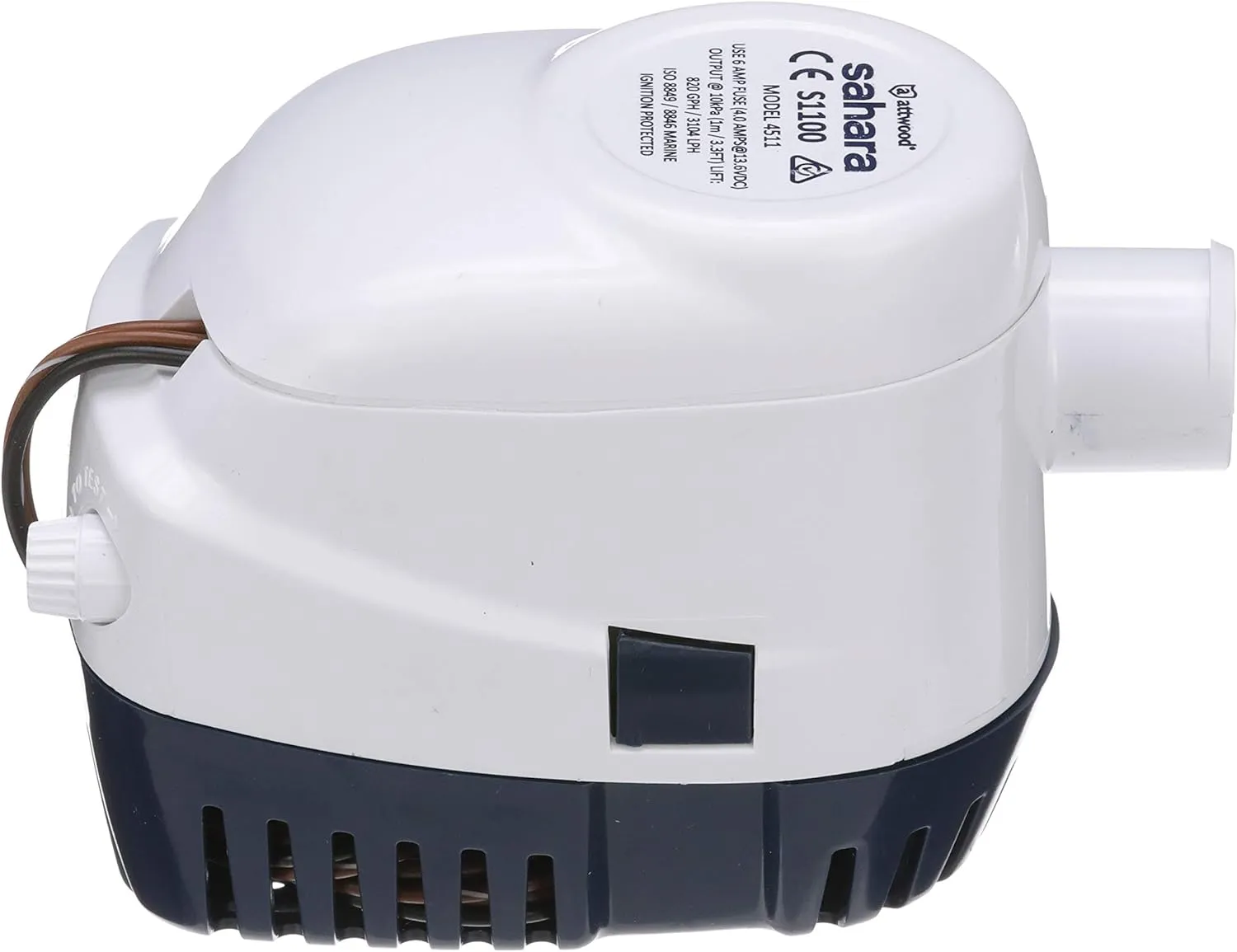 Attwood 4511-7 Sahara S1100 Automatic Bilge Pump, 1100 GPH, 12-Volt, 1.5-Amp Draw, ¾-Inch Interior Diameter Hose, 29-Inch Wire