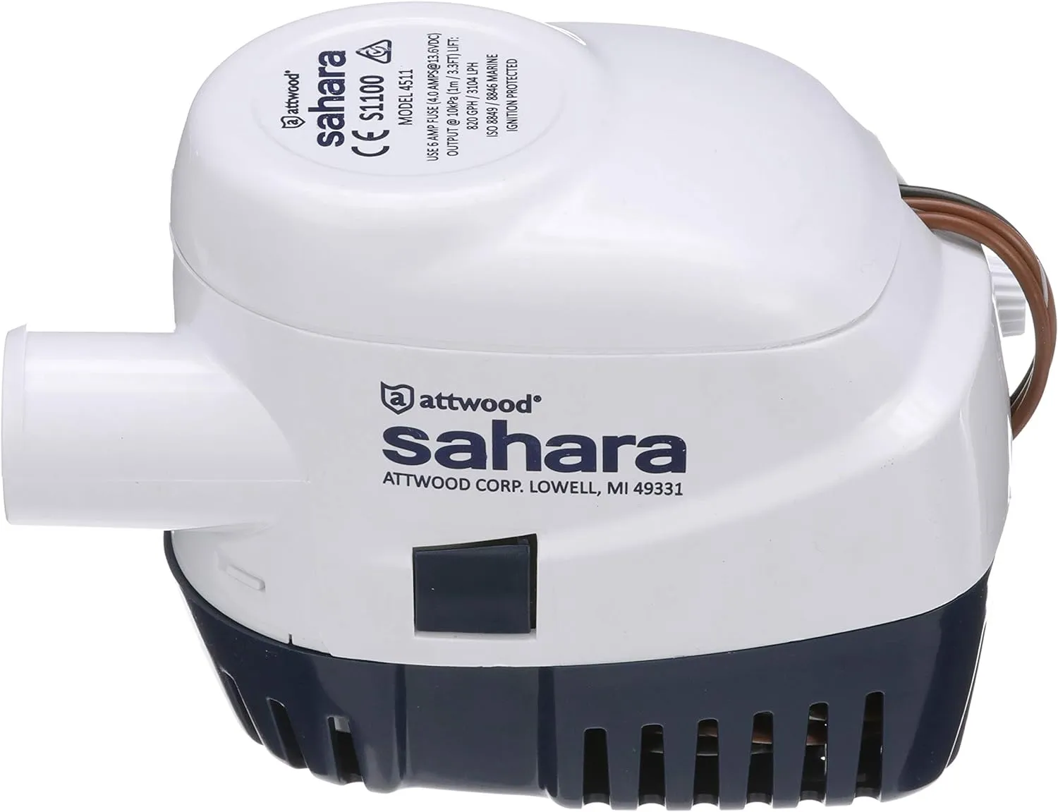 Attwood 4511-7 Sahara S1100 Automatic Bilge Pump, 1100 GPH, 12-Volt, 1.5-Amp Draw, ¾-Inch Interior Diameter Hose, 29-Inch Wire