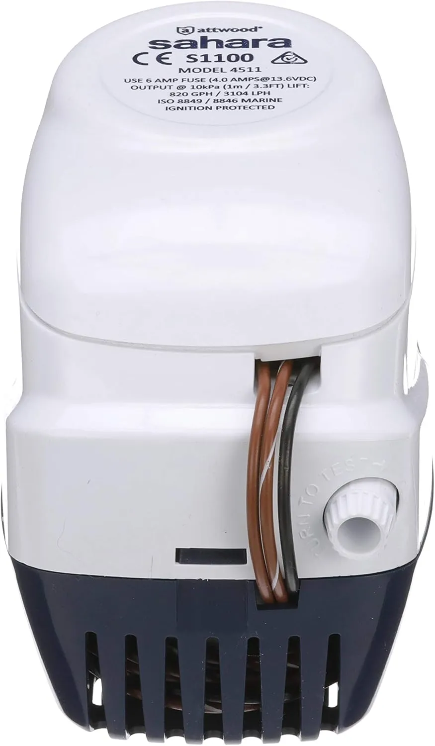 Attwood 4511-7 Sahara S1100 Automatic Bilge Pump, 1100 GPH, 12-Volt, 1.5-Amp Draw, ¾-Inch Interior Diameter Hose, 29-Inch Wire