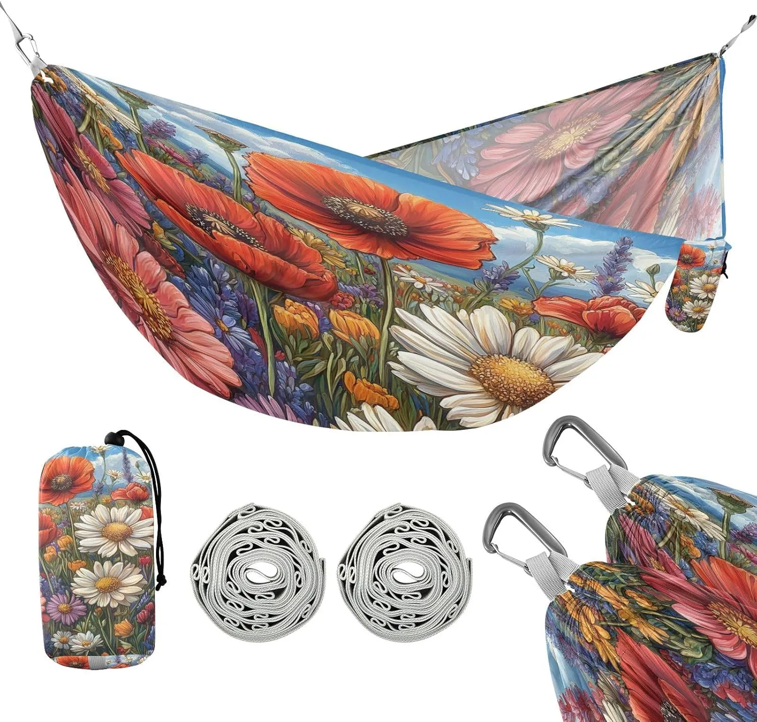 ATTX Colorful Wildflowers Camping Hammock - Lightweight & Portable Hammocks, Heavy Duty 330lbs Capacity for Indoor, Hiking, Backpacking, Travel, Backyard, Beach#450