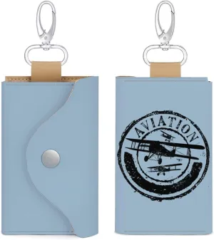 Aviation and Airplane Stamp Silhouettes Key Case Organizer PU Leather Keychain Card Holder with 6 Key Hooks