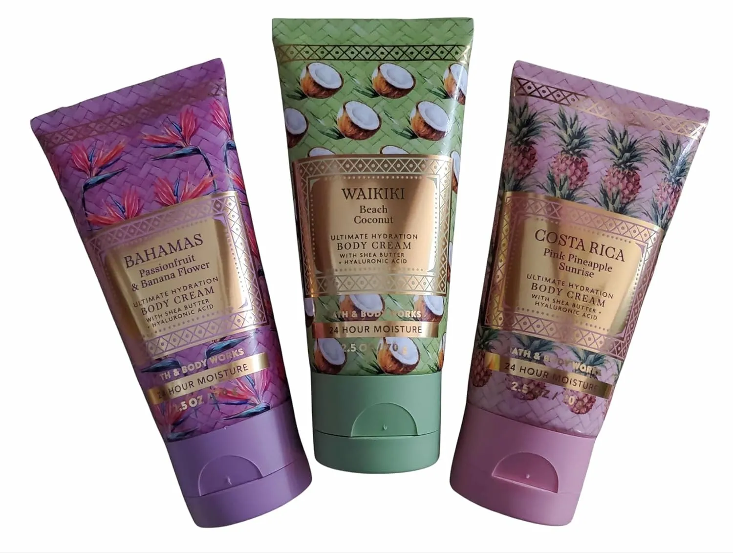 Bath & Body Works Travel Size Ultimate Hydration Body Creams: Passionfruit Banana Flower, Pink Pineapple Sunrise, Waikiki Beach Coconut 2.5 Ounces Set of 3