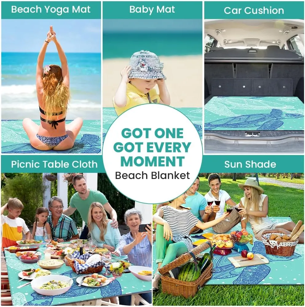 Beach Blanket, Large Picnic Mat 210 x 200 cm (4-6 People) Foldable, Sandproof Waterproof, Camping Outdoor Blanket with 6 Fixed Nails for Beach, Hiking, Picnic