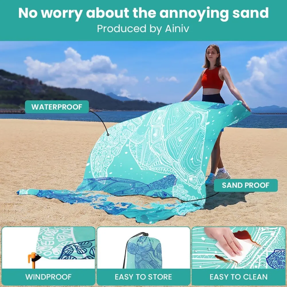 Beach Blanket, Large Picnic Mat 210 x 200 cm (4-6 People) Foldable, Sandproof Waterproof, Camping Outdoor Blanket with 6 Fixed Nails for Beach, Hiking, Picnic