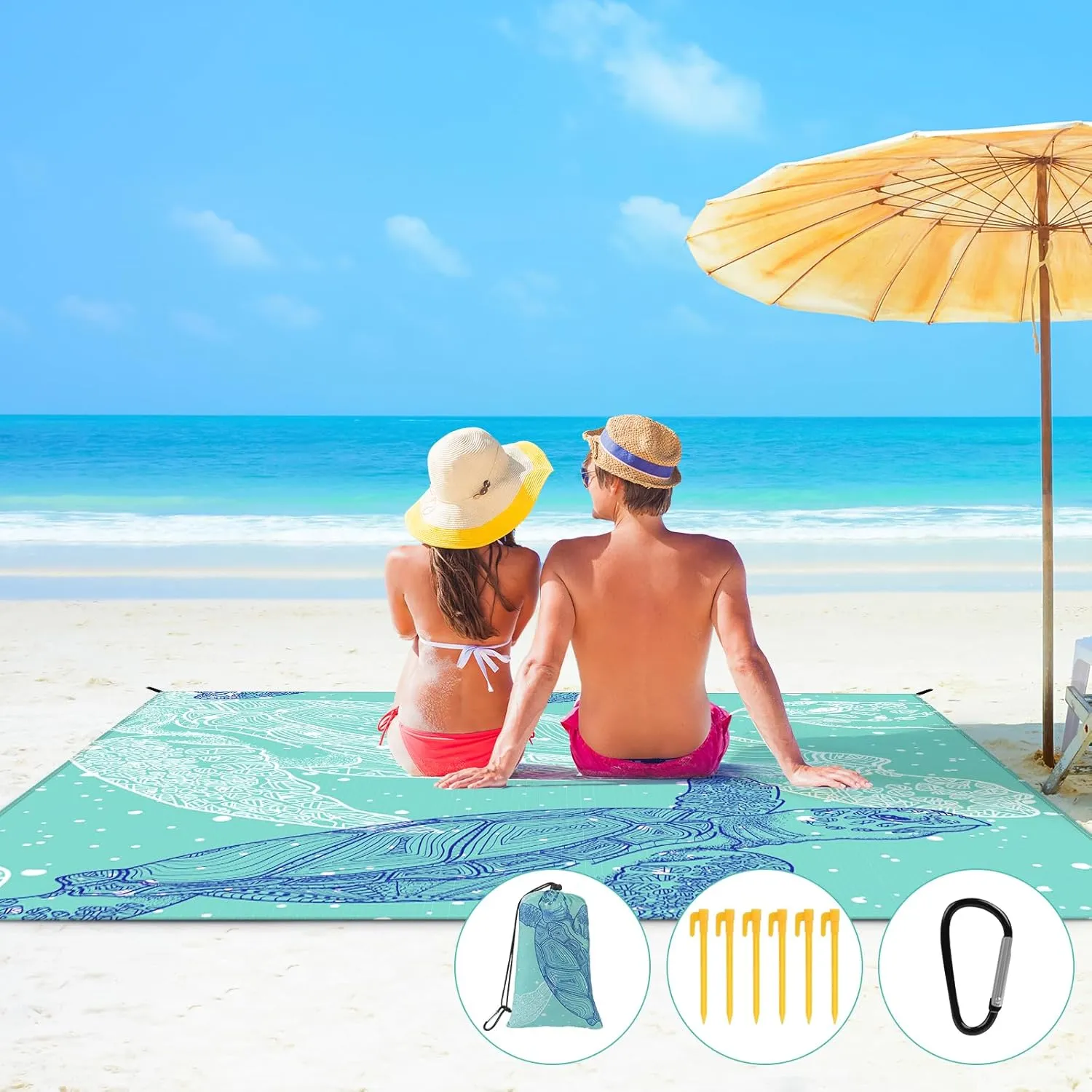 Beach Blanket, Large Picnic Mat 210 x 200 cm (4-6 People) Foldable, Sandproof Waterproof, Camping Outdoor Blanket with 6 Fixed Nails for Beach, Hiking, Picnic